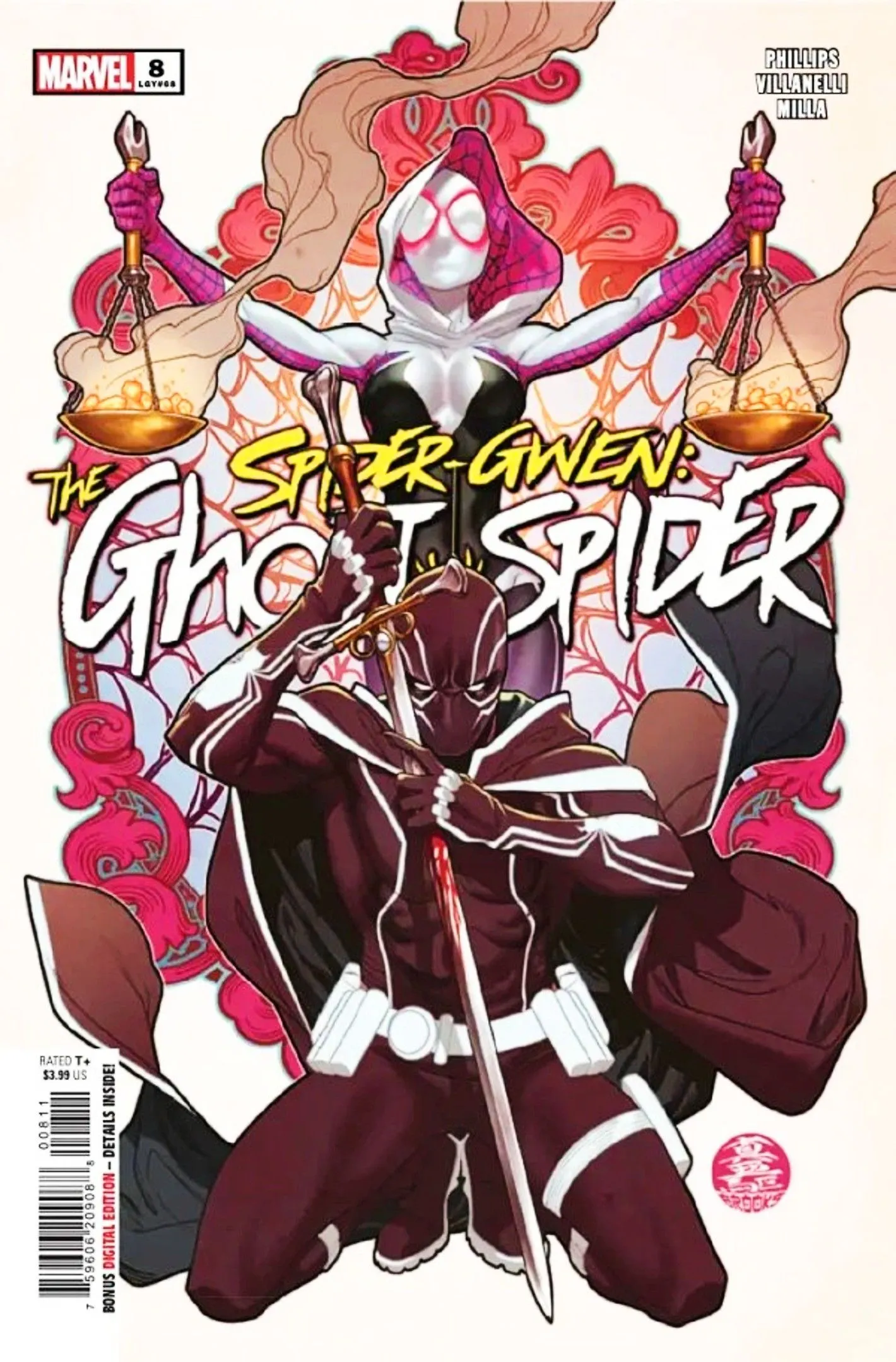 Cover von Spider-Gwen Nr. 8, Gwen und Black Tarantula posieren in einer Tarotkarten-ähnlichen Illustration