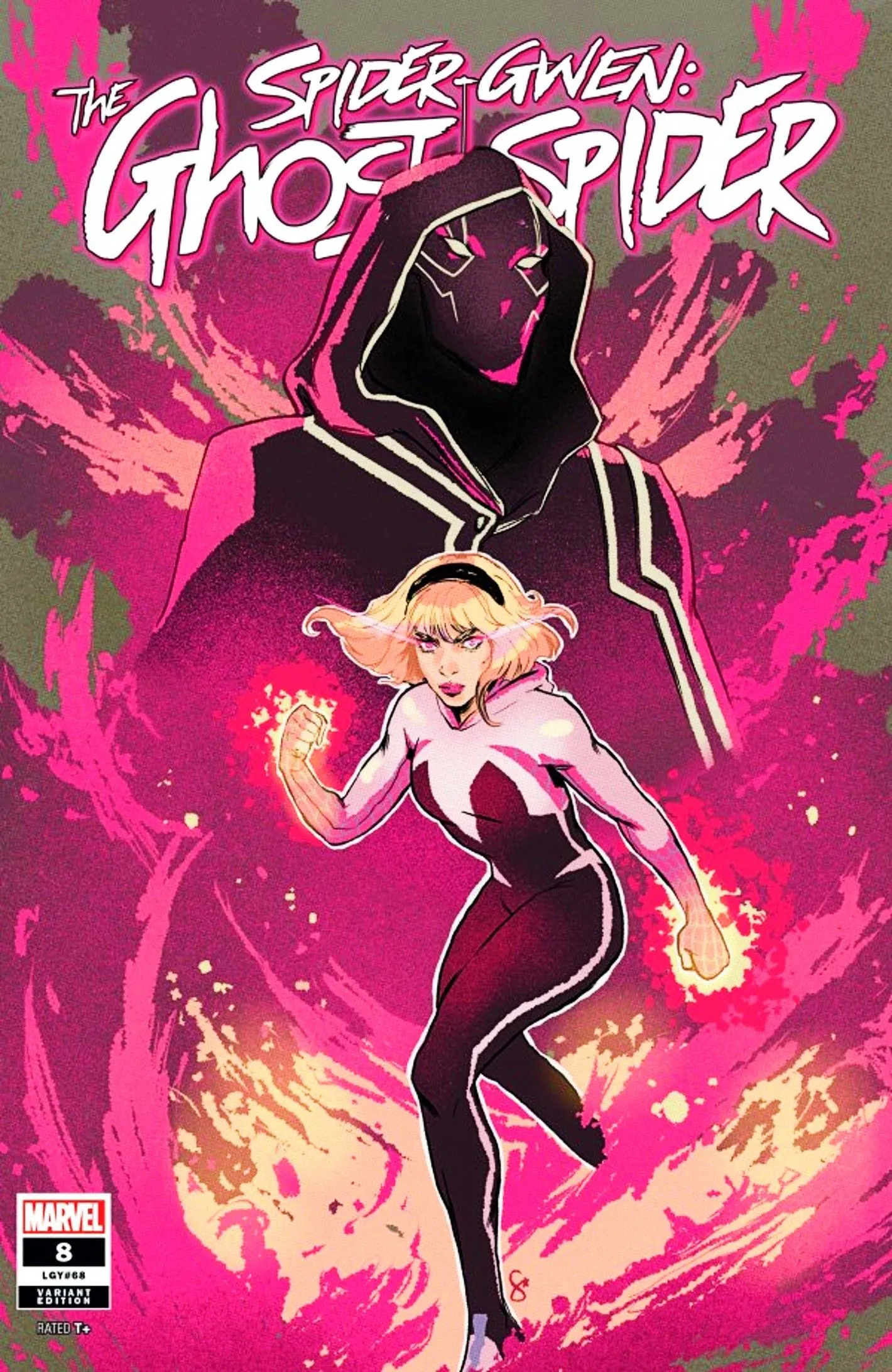 Spider-Gwen #8 Variante Cover, Gwen mit schwarzer Tarantel über ihr