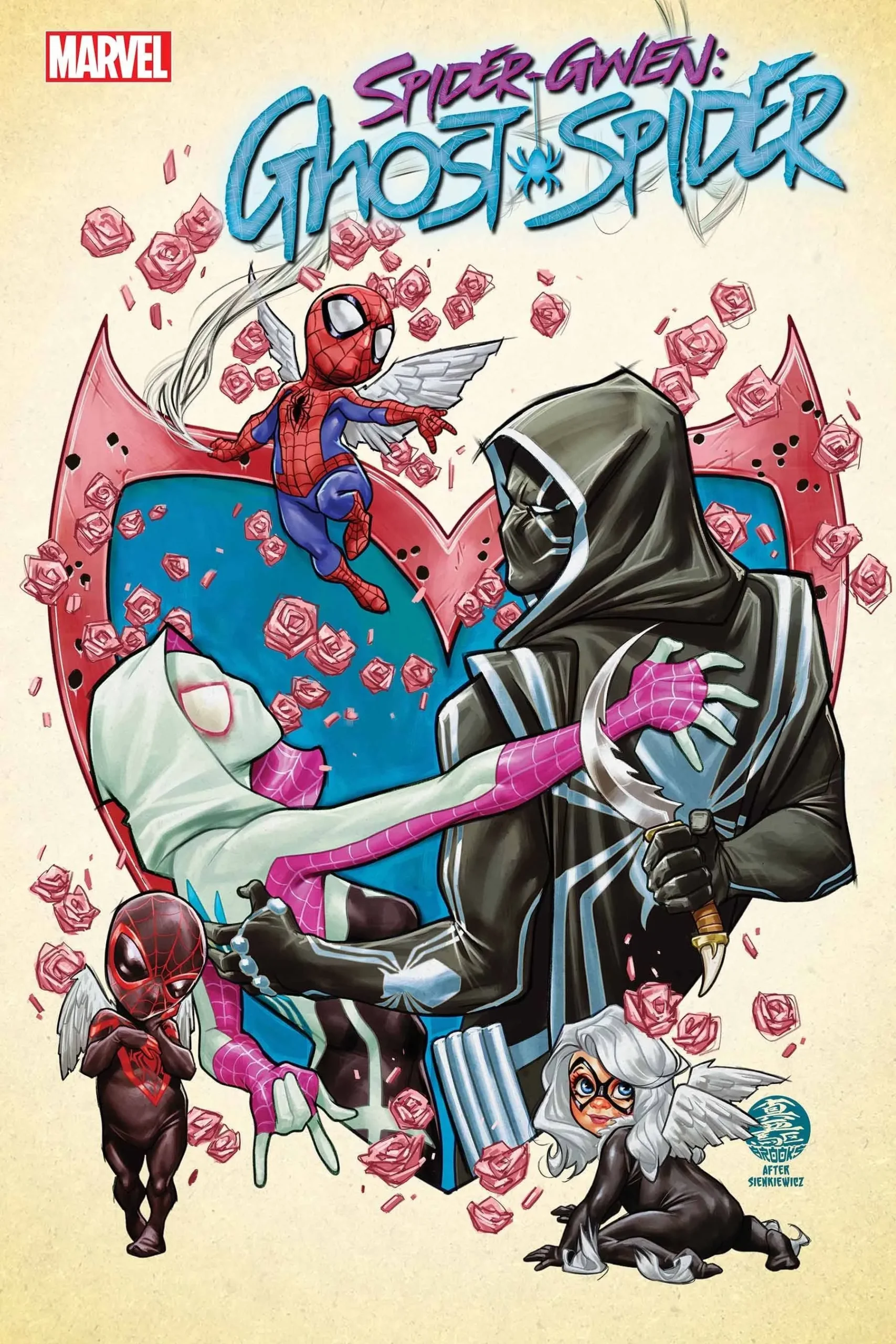 Capa de história em quadrinhos: Spider-Gwen e Black Tarantula estão emolduradas por um coração.