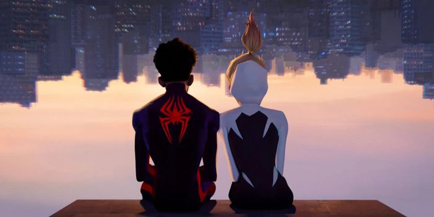 Miles i Gwen siedzieli obok siebie do góry nogami w filmie Spider-Man Across The Spider-Verse