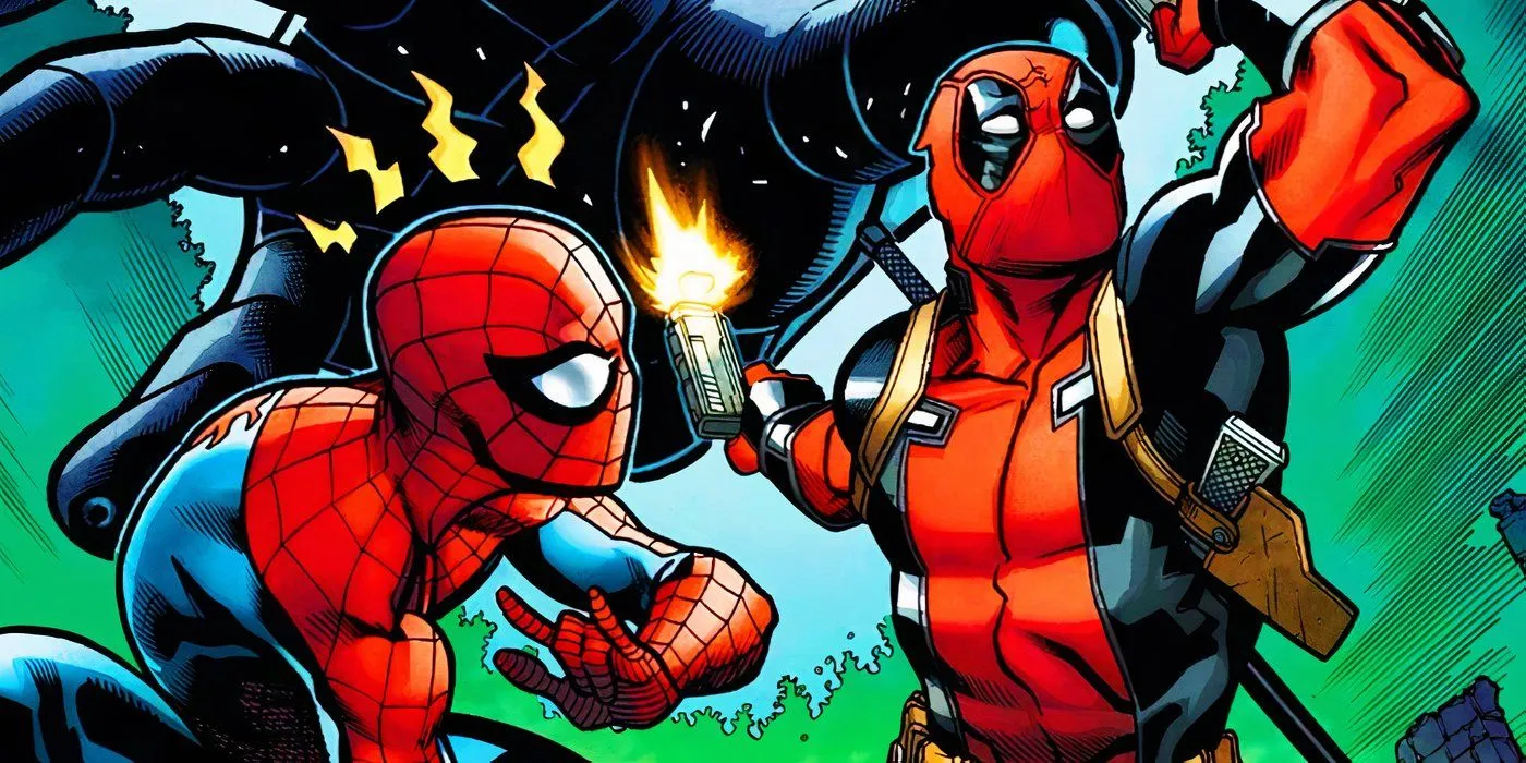 Spider-Man i Deadpool uciekający przed gigantyczną ręką