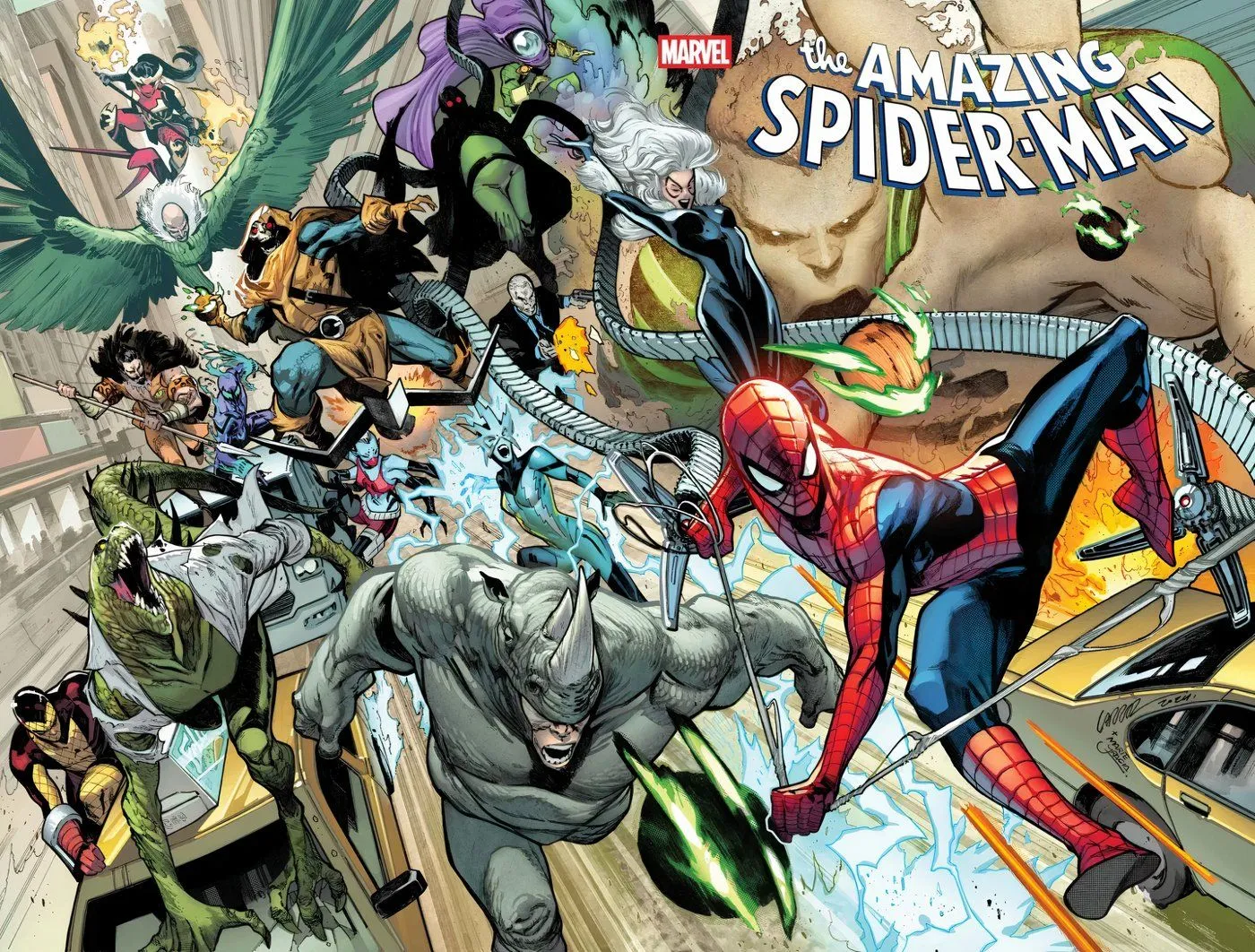 Cover of 2025's The Amazing Spider-Man #1 featuring Spider-Man getting chased by his rogue's gallery.