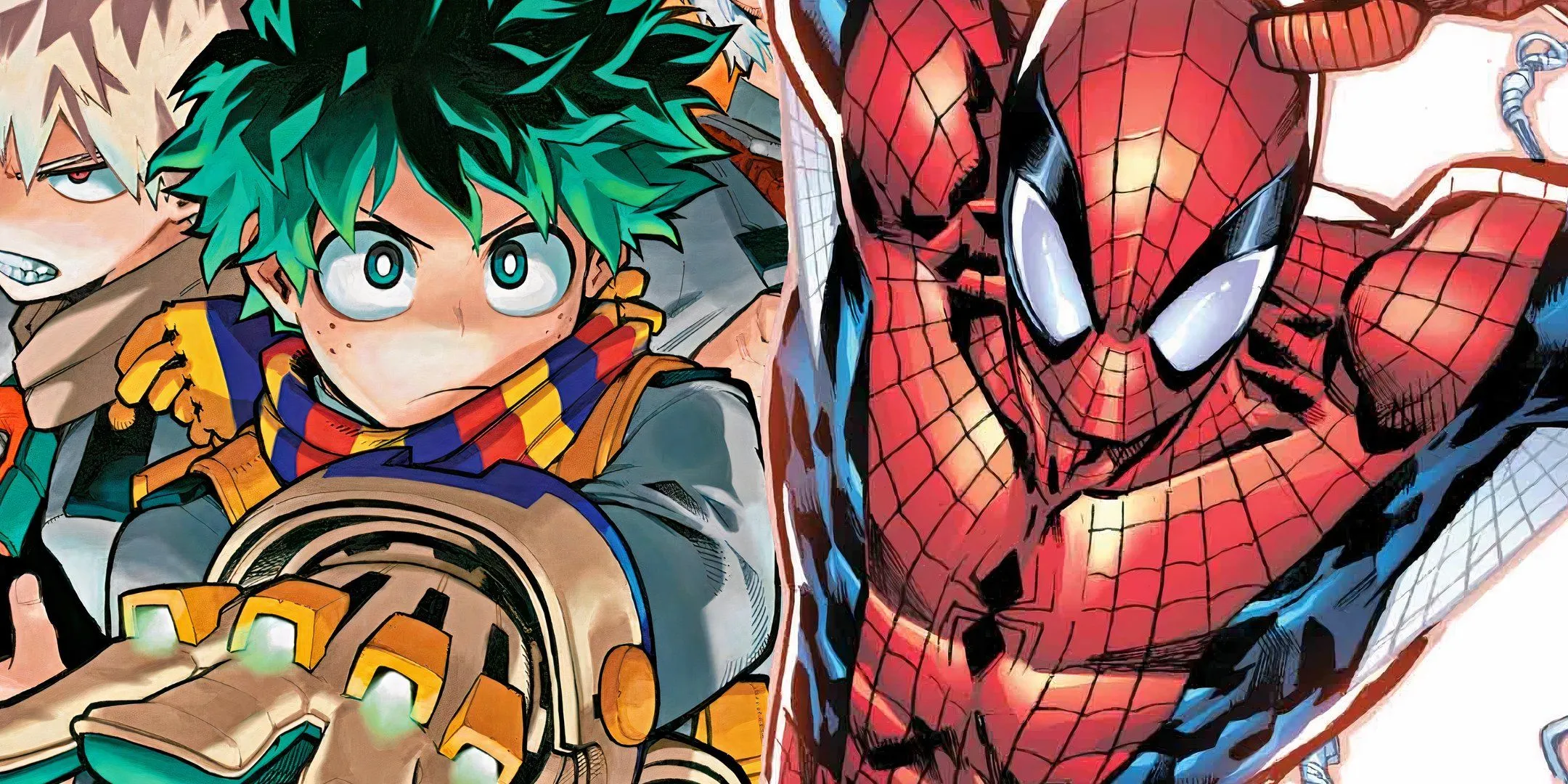 Illustration de bande dessinée : Spider-Man jetant sa toile à côté de Deku