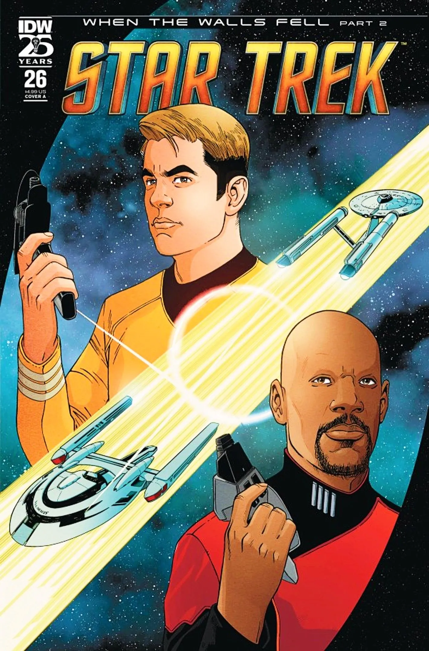 Capa da revista Star Trek #26, Sisko e Kirk segurando phasers