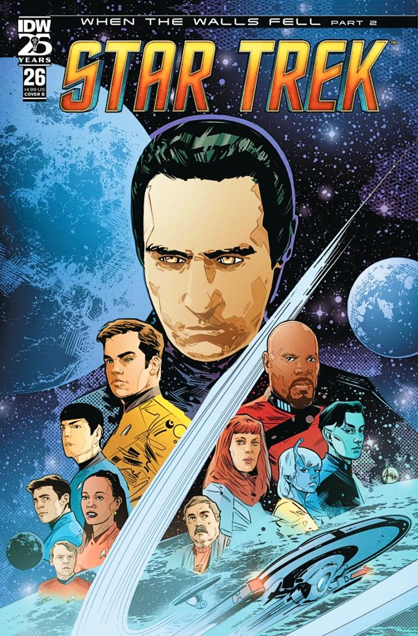 Capa variante de Star Trek #26, apresentando duas gerações de equipes de Trek