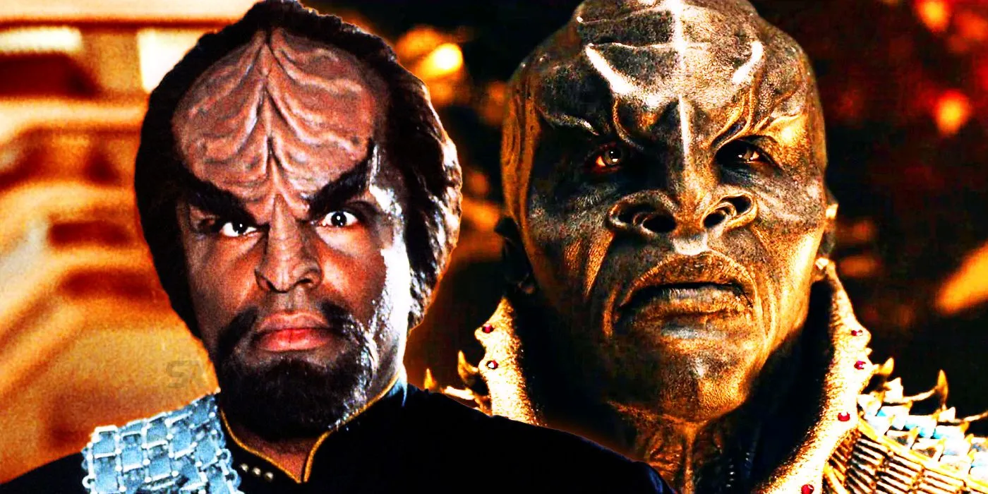 Worf and a Discovery style Klingon in Star Trek