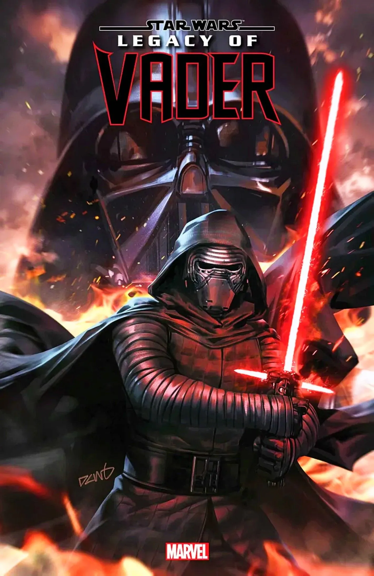 Capa de Star Wars Legacy of Vader #1, Kylo Ren empunhando seu sabre de luz na frente da máscara iminente de Vader