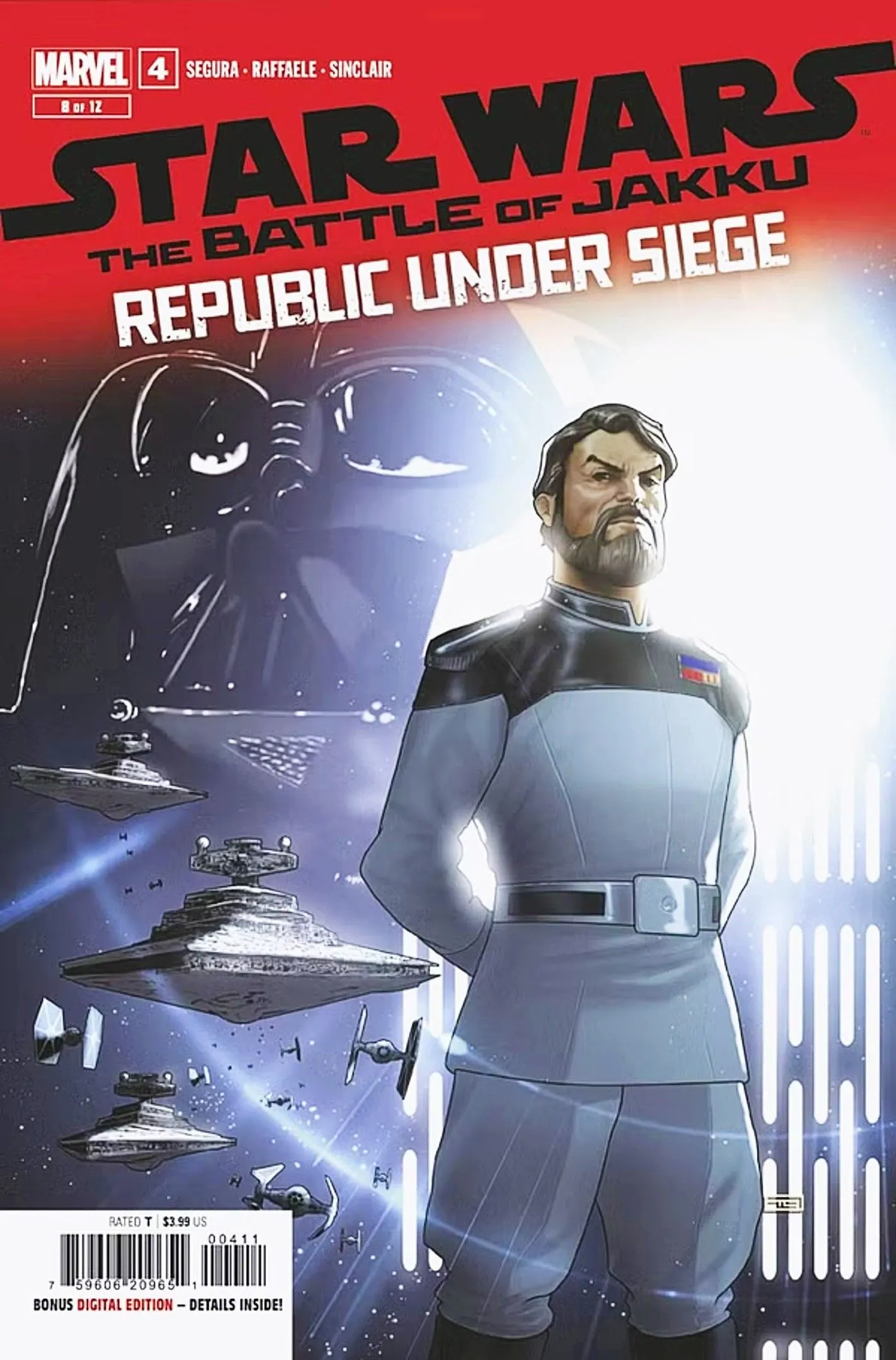 Portada de Star Wars Republic Under Siege #4, Moff Adelhard de pie frente a Vader y los Destructores Estelares