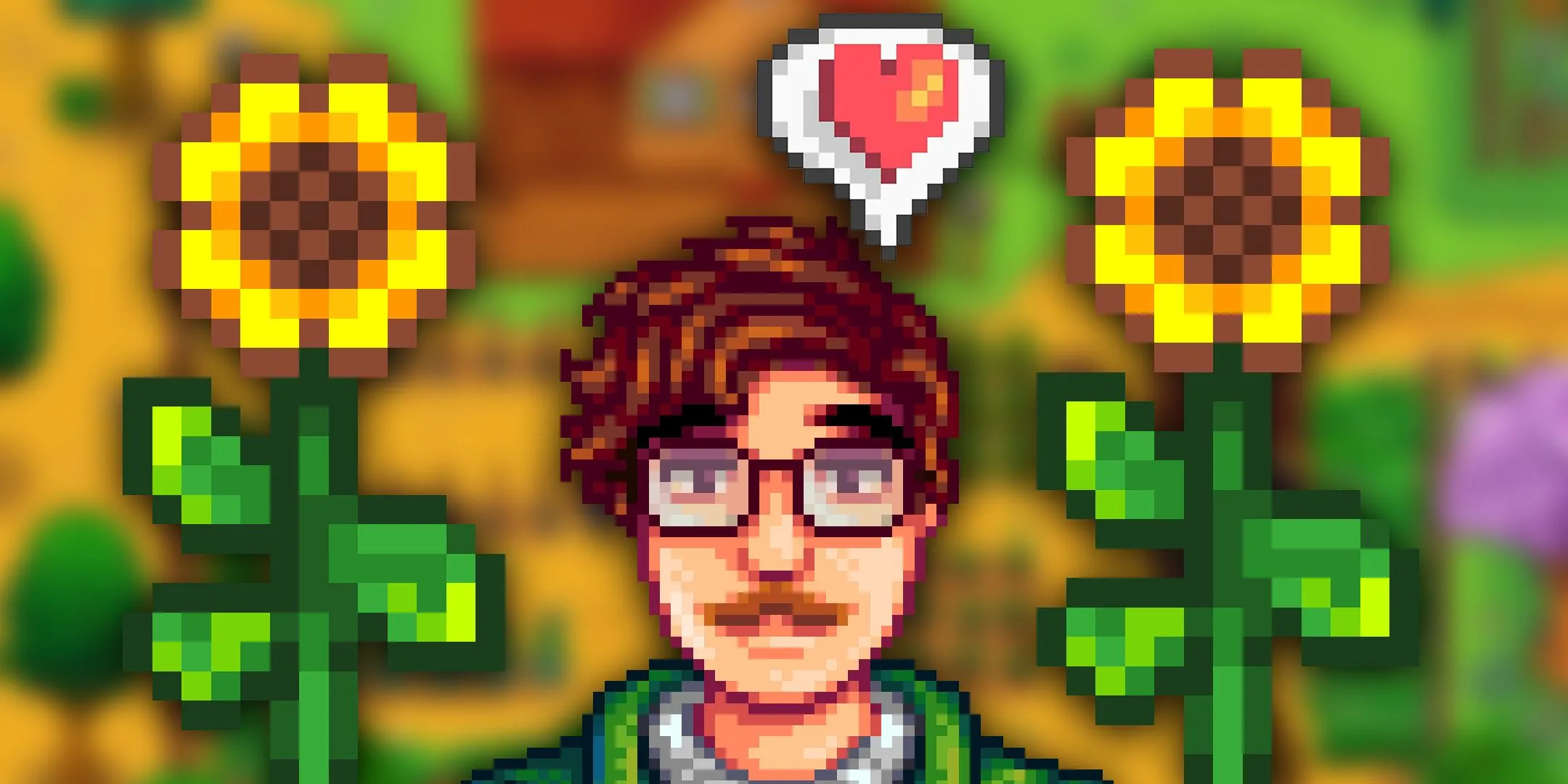 Harvey en Stardew Valley con un corazón sobre su cabeza y girasoles a cada lado.