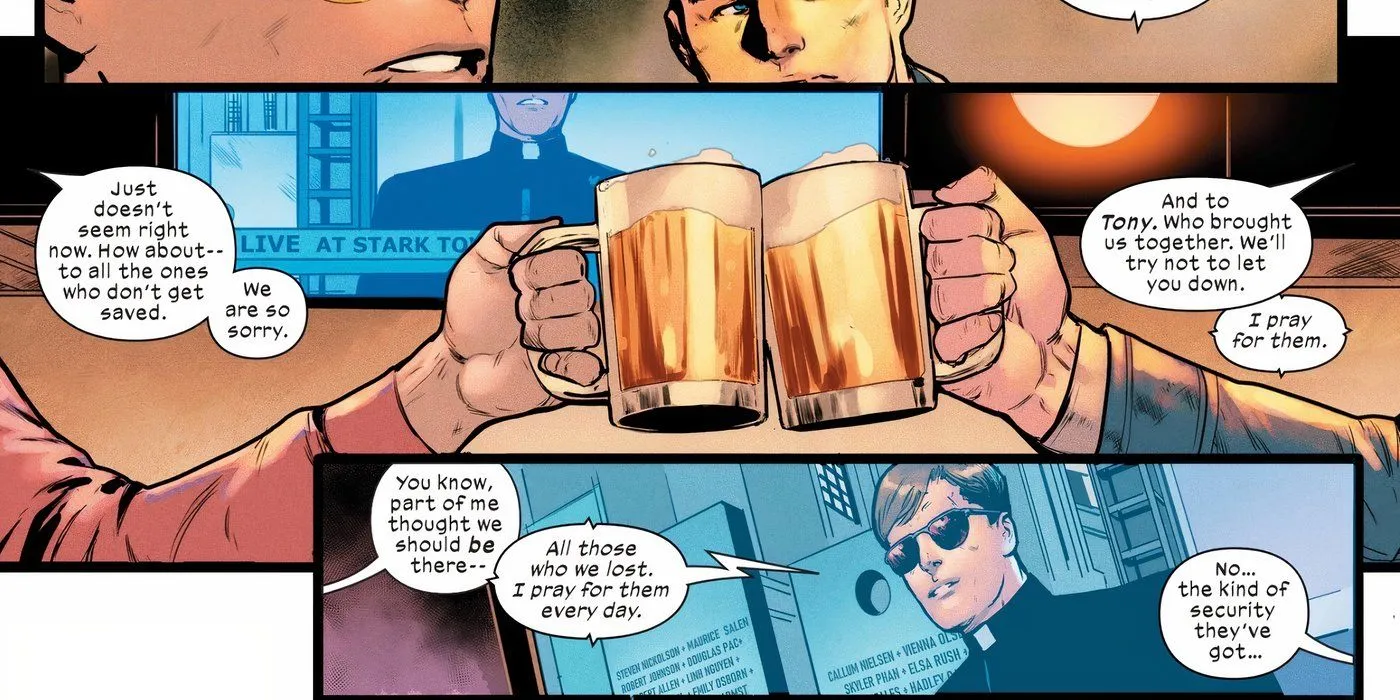 Steve Rogers trinque à Tony Stark en buvant une bière tout en regardant les informations