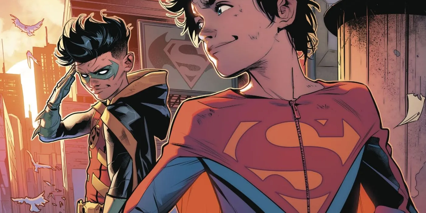 Arte de história em quadrinhos: Superboy Jon Kent olha para trás e vê Robin Damian Wayne saudando