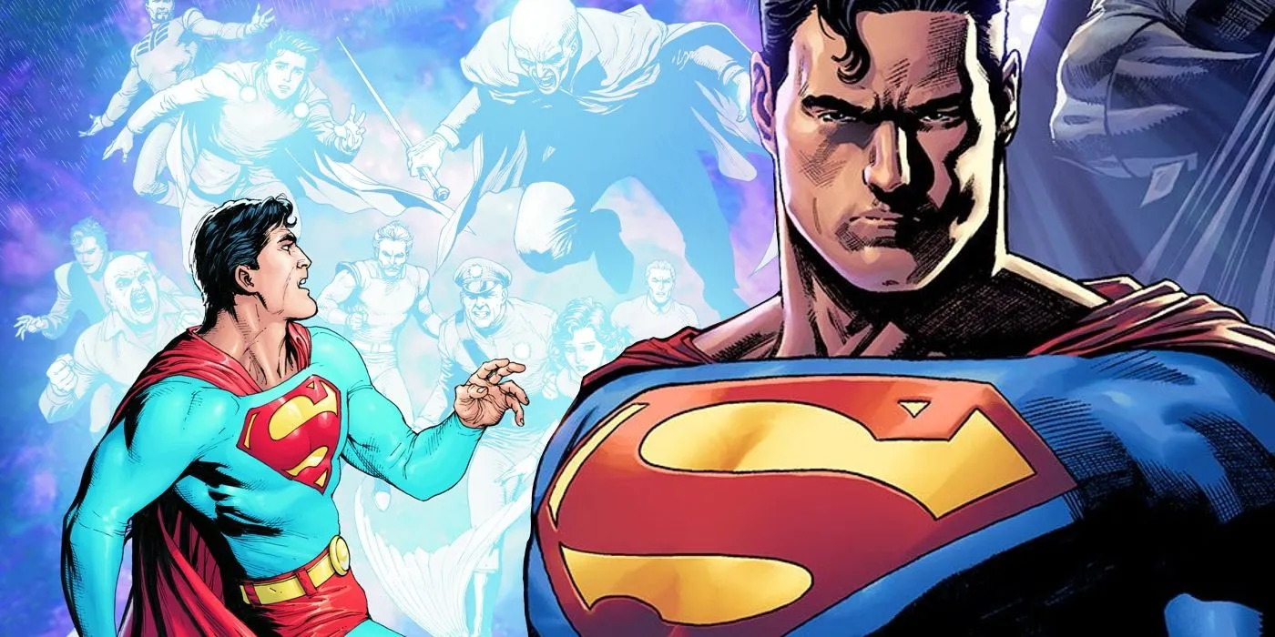 Arte de história em quadrinhos: Superman parece sério ao ver uma imagem dele encarando prisioneiros da Zona Fantasma.