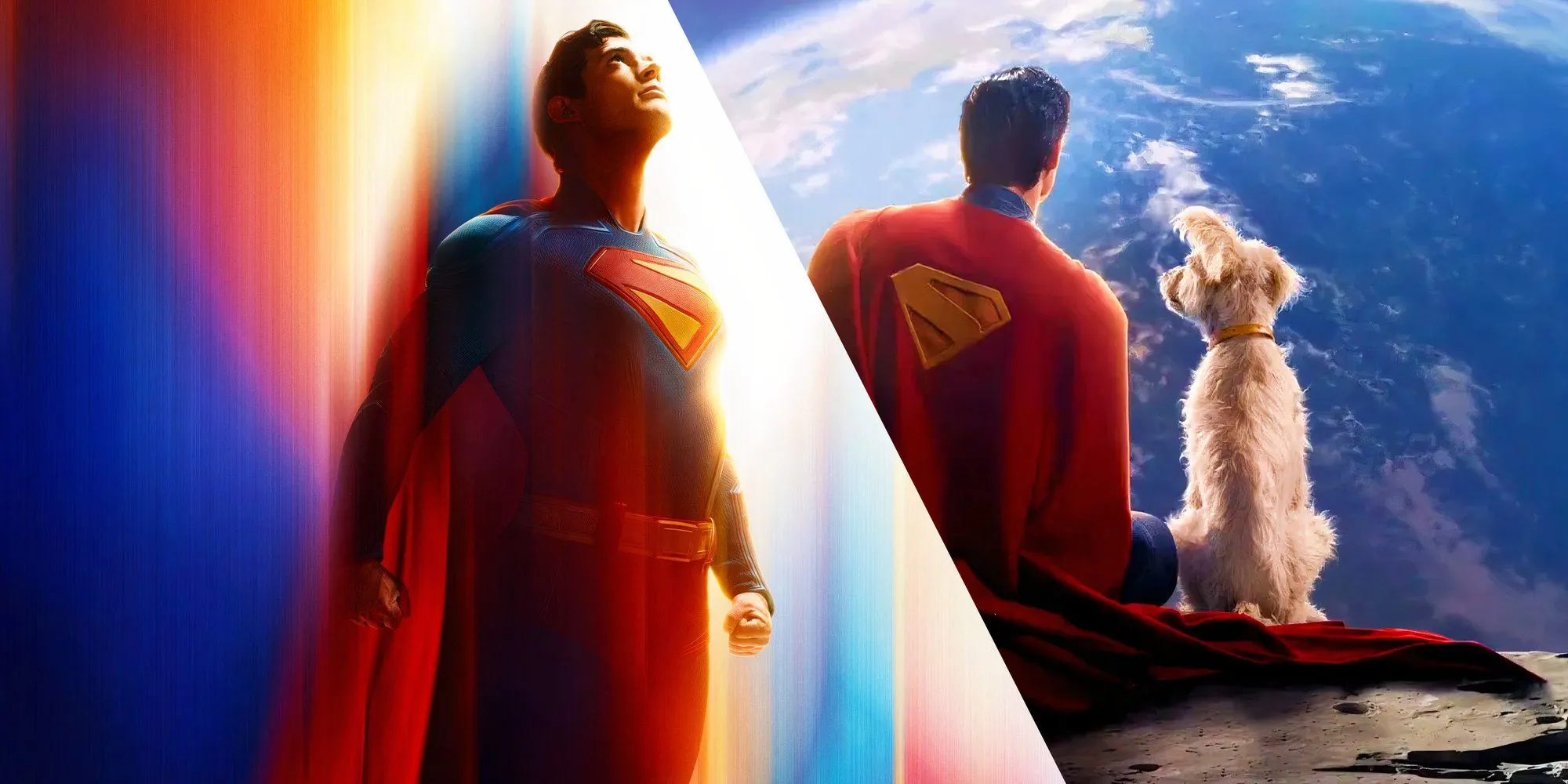 El póster de Superman (2025) de James Gunn con Clark y Krypto mirando hacia la Tierra.