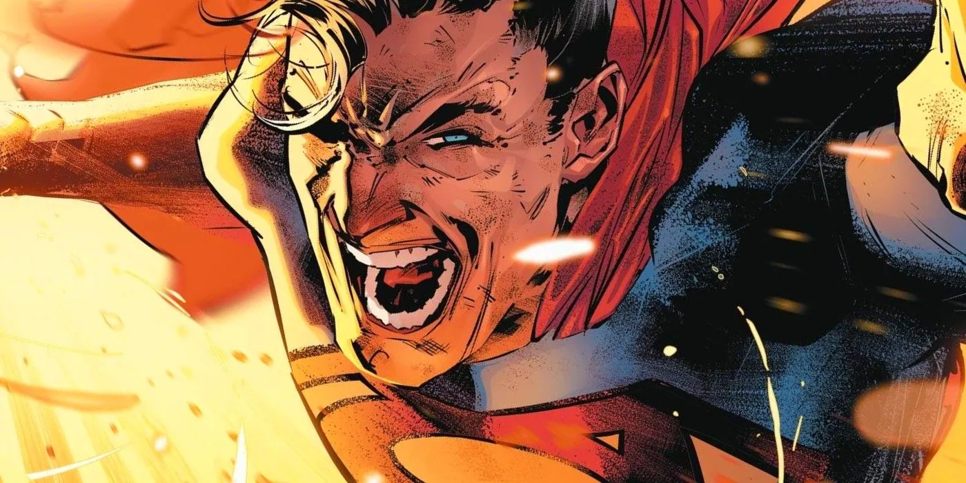 Comic book art: Superman making an excited expression as he prepares a powerful attack.