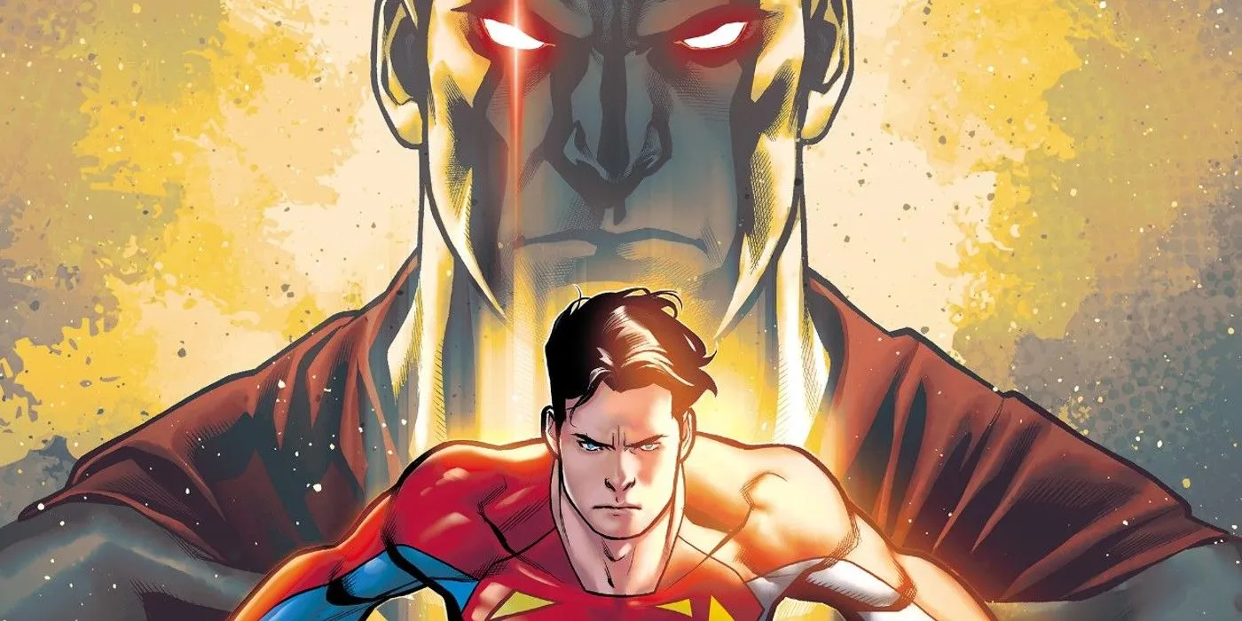 Arte de cómic: Ultraman con ojos brillantes flota detrás de Superman Jon Kent