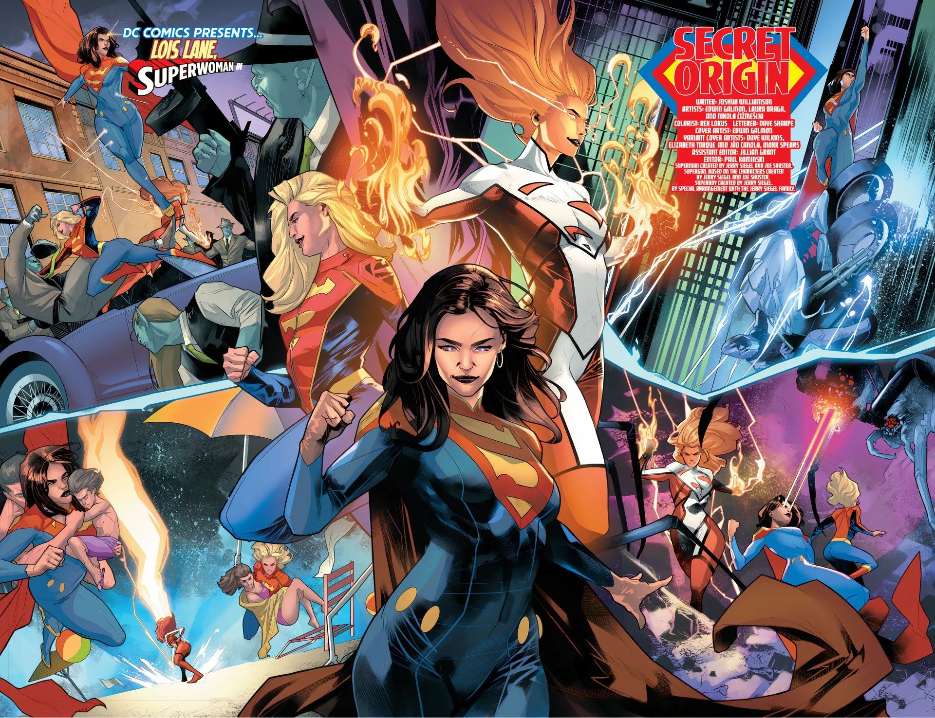 Comic book page: Lois Lane fights crime as Superwoman alongside Supergirl and Lana Lang's Superwoman