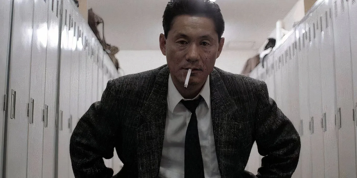 Takeshi Kitano schaut in „Violent Cop“ in die Kamera