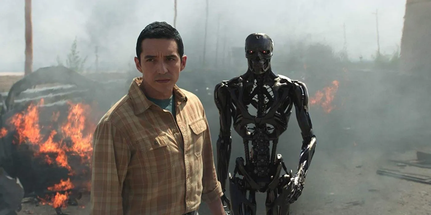 Gabriel Luna y un Terminator esquelético en Terminator: Destino oscuro