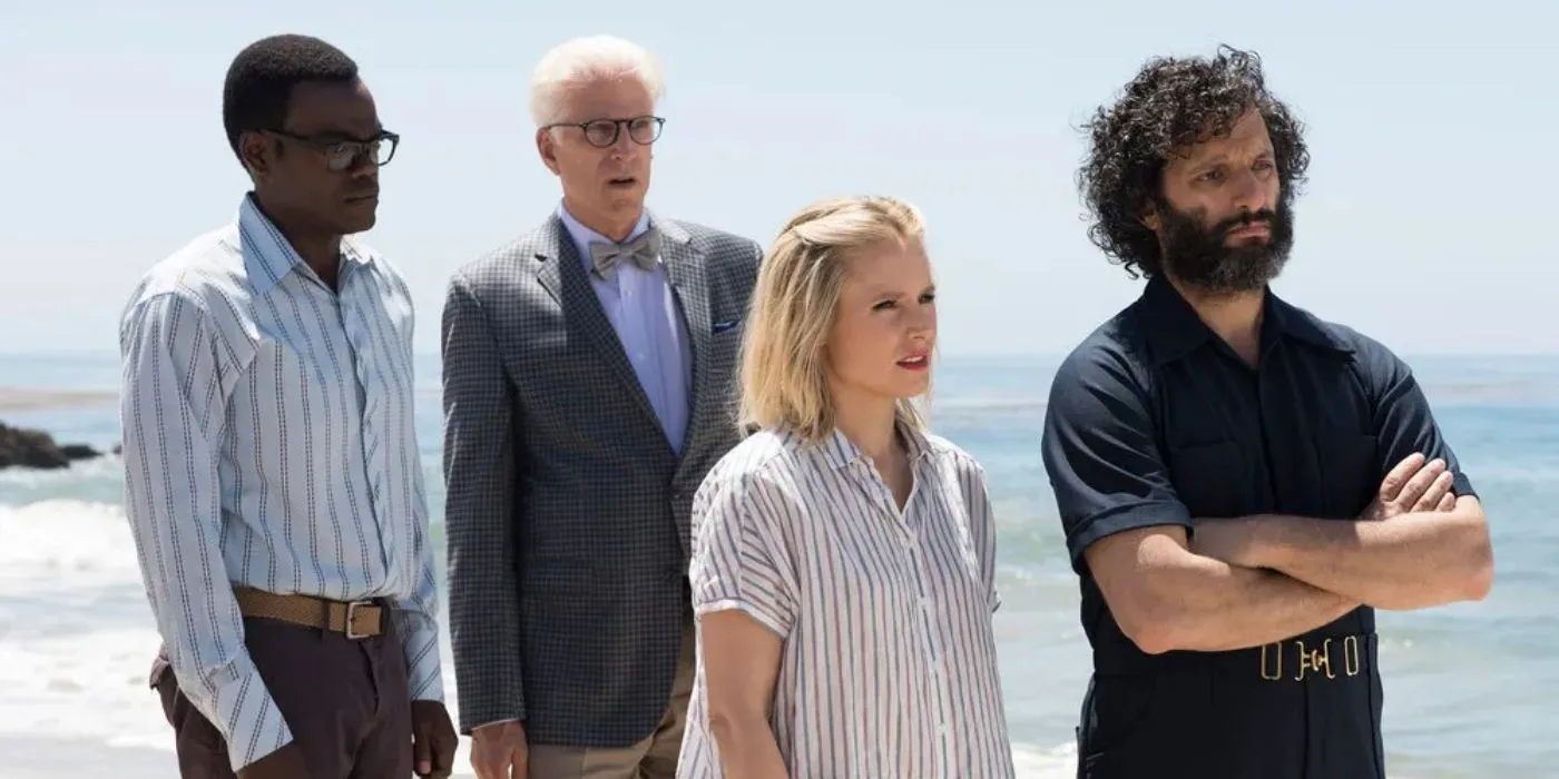 Chidi, Michael, Eleanor, and Derek looking concerned in The Good Place