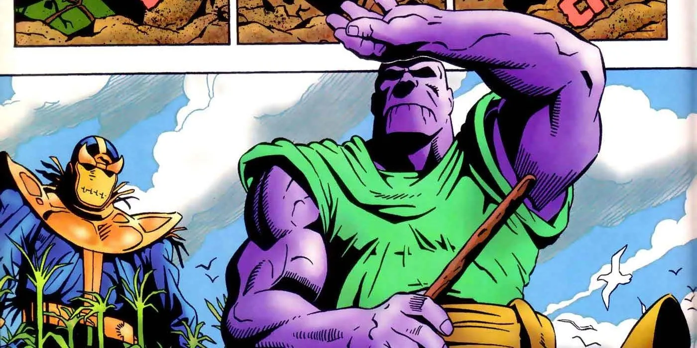 Thanos en los cómics de Marvel secándose la frente mientras trabaja como granjero con su armadura como espantapájaros