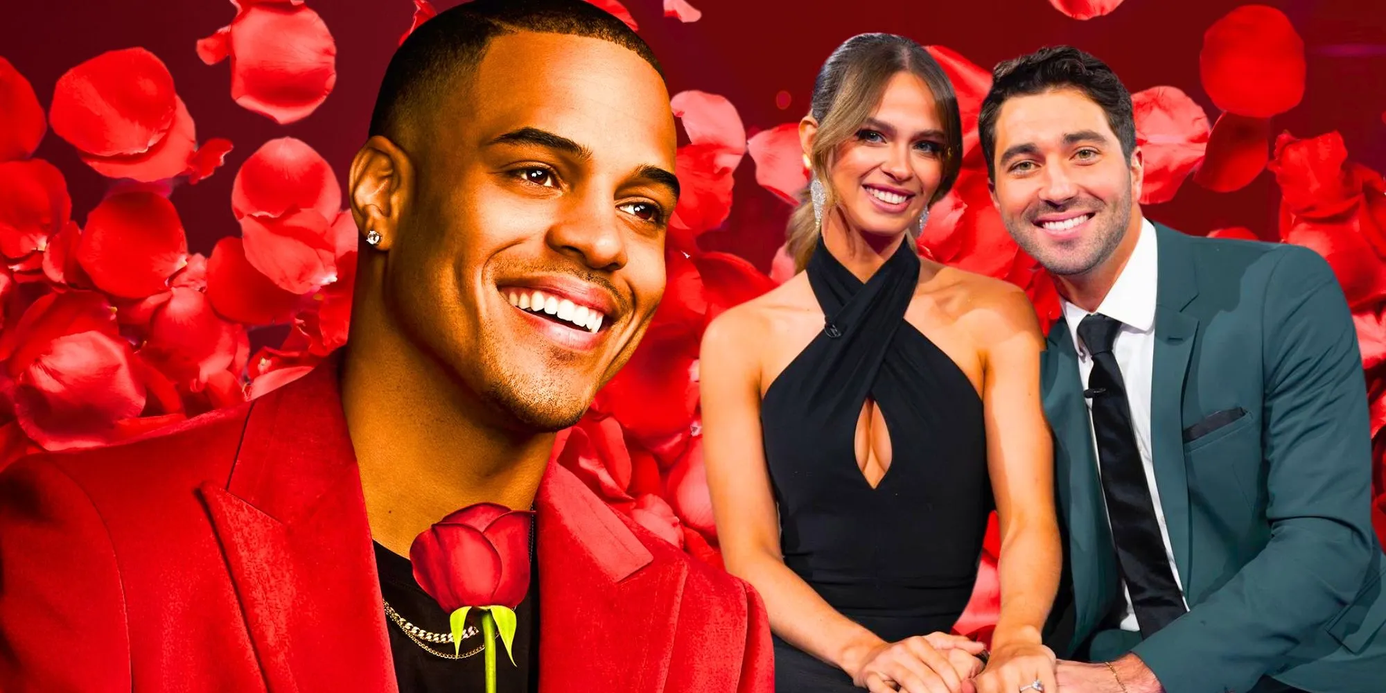 Der Bachelor-Star Grant Ellis lächelt mit einer roten Rose, während Kelsey Anderson und Joey Graziadei zusammen vor roten Rosenblättern posieren.