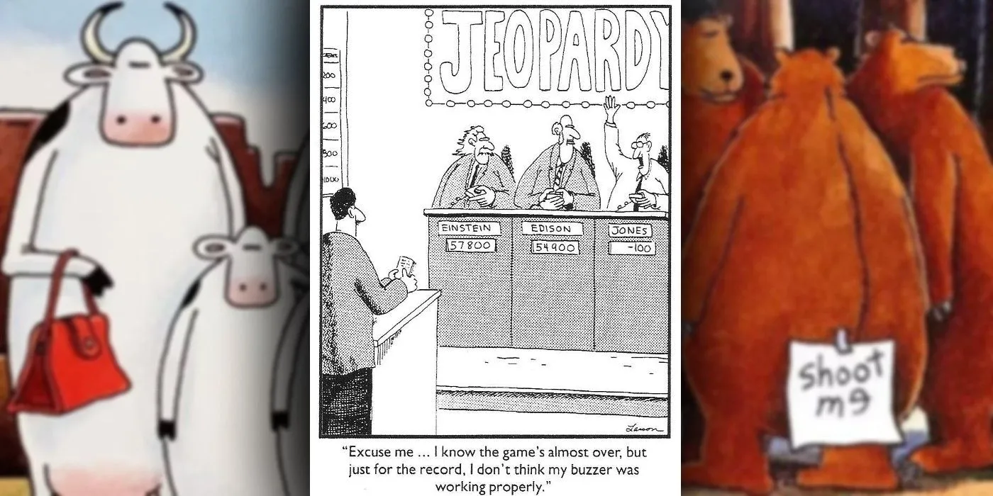 Ein Far Side-Comic mit einem Mann, der Jeopardy mit Einstein und Edison spielt