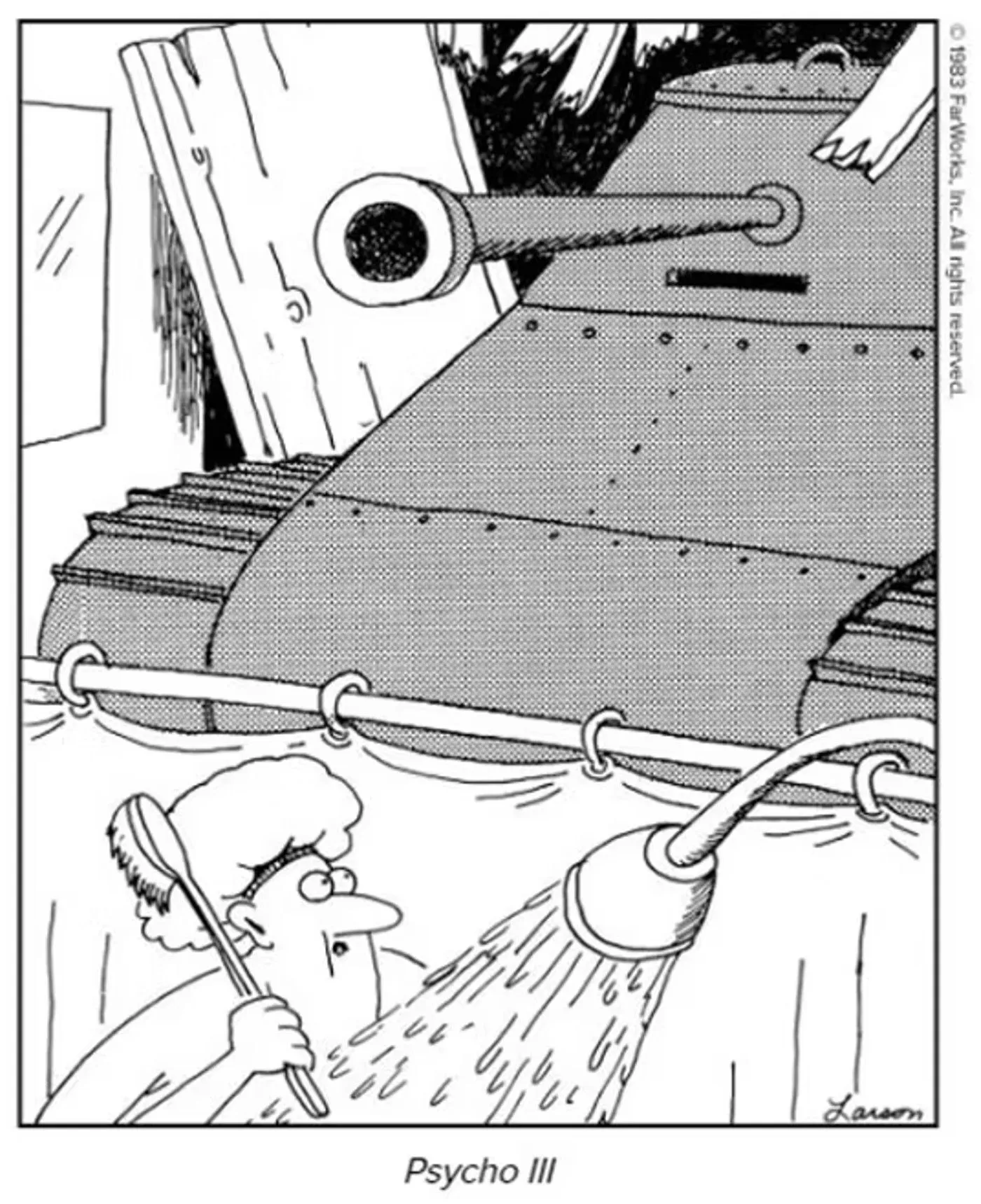 Far Side-Comic mit Norman Bates und einem Panzer