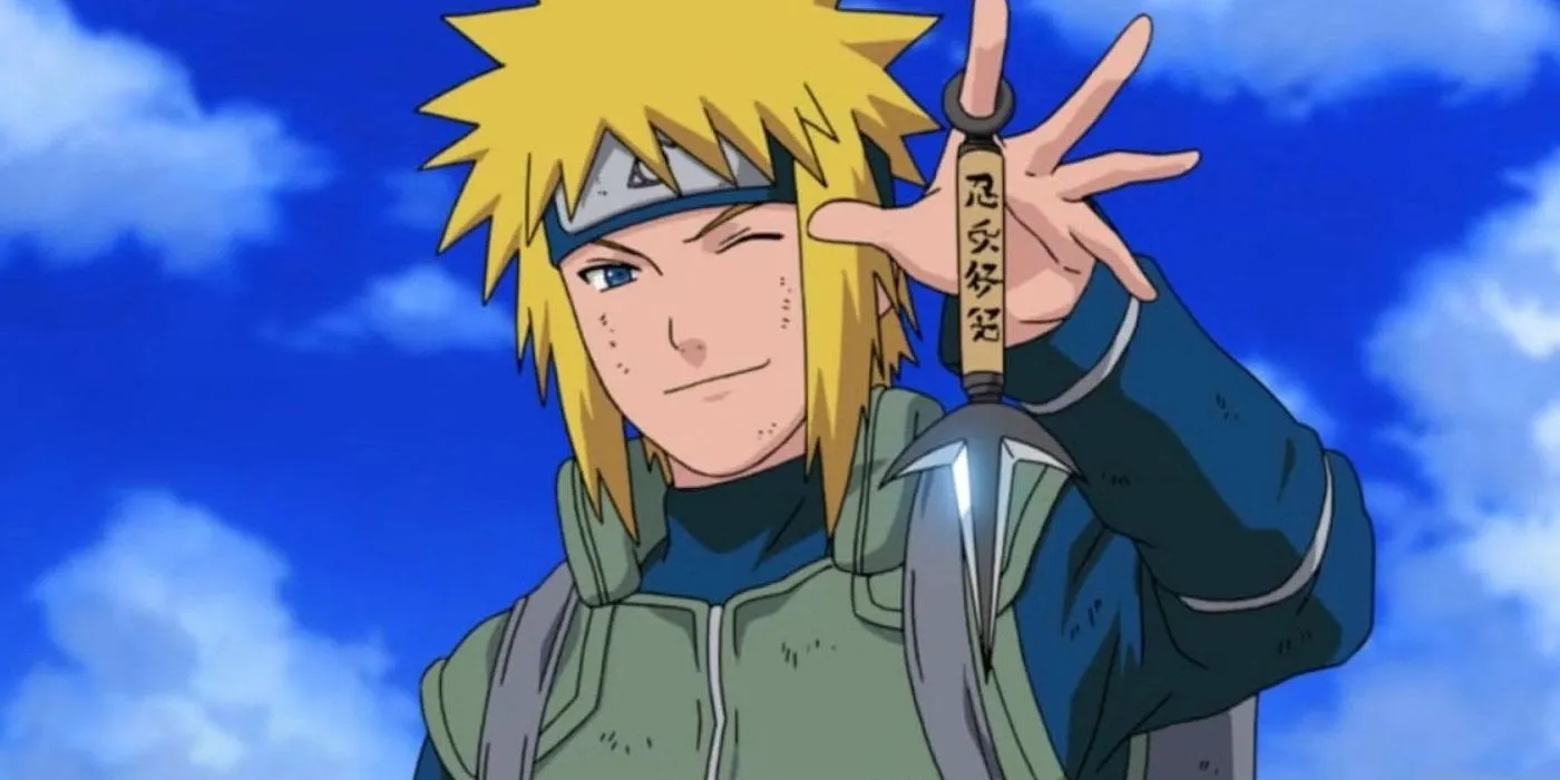 Minato z Naruto trzymający kunai i puszczający oko.