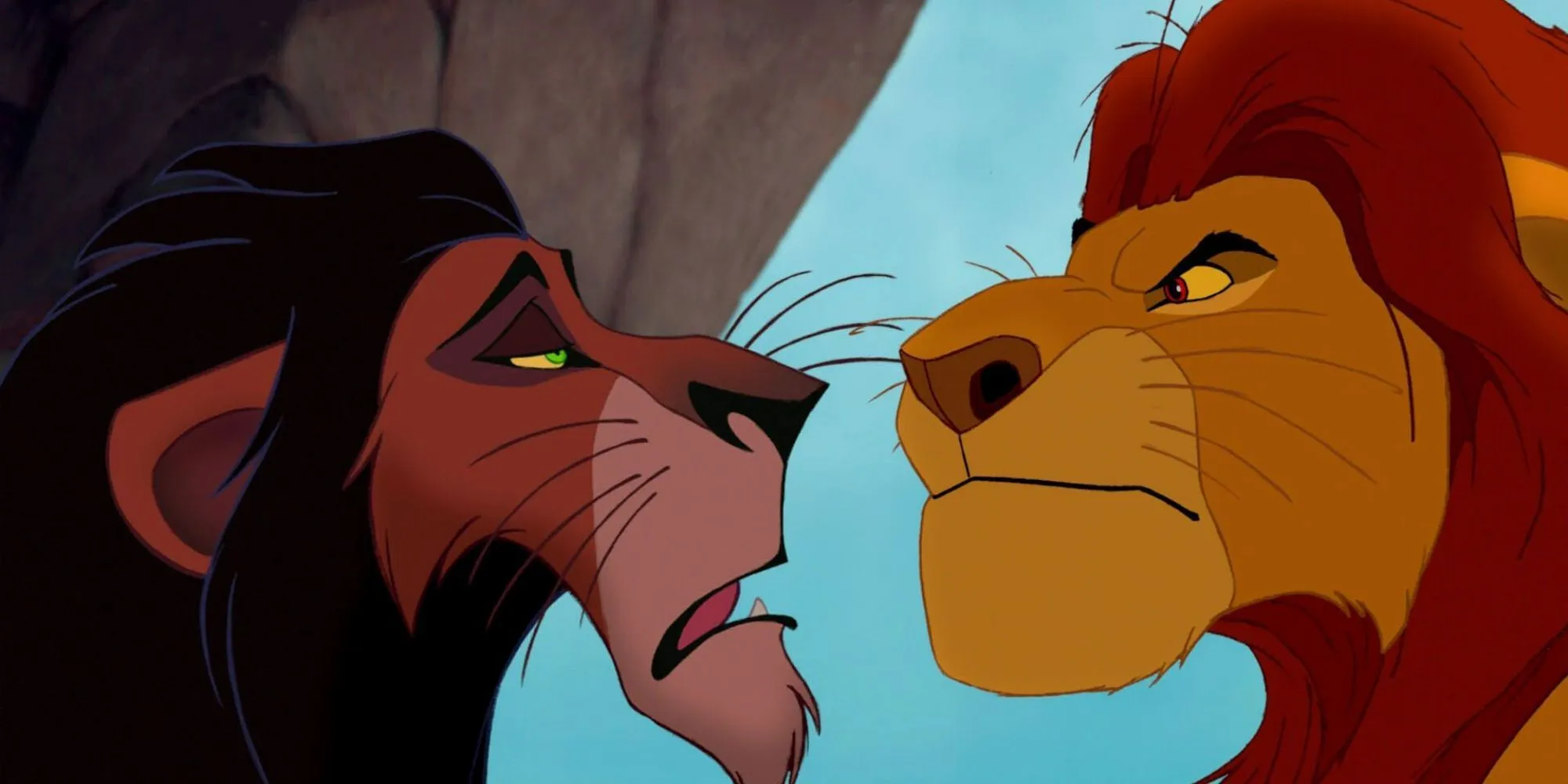 Scar e Mufasa se enfrentam na animação O Rei Leão.