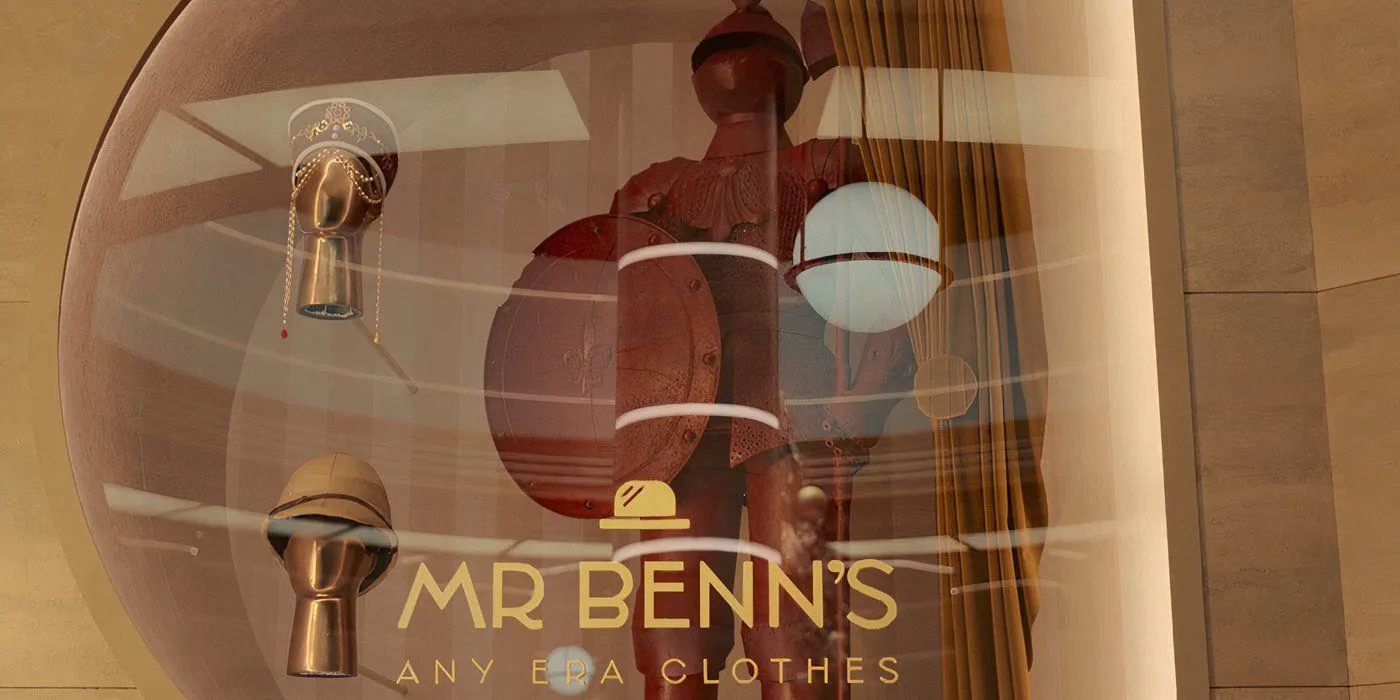 The Mr Benn shopfront featuring a red suit of armor from Doctor Who's Time Hotel.