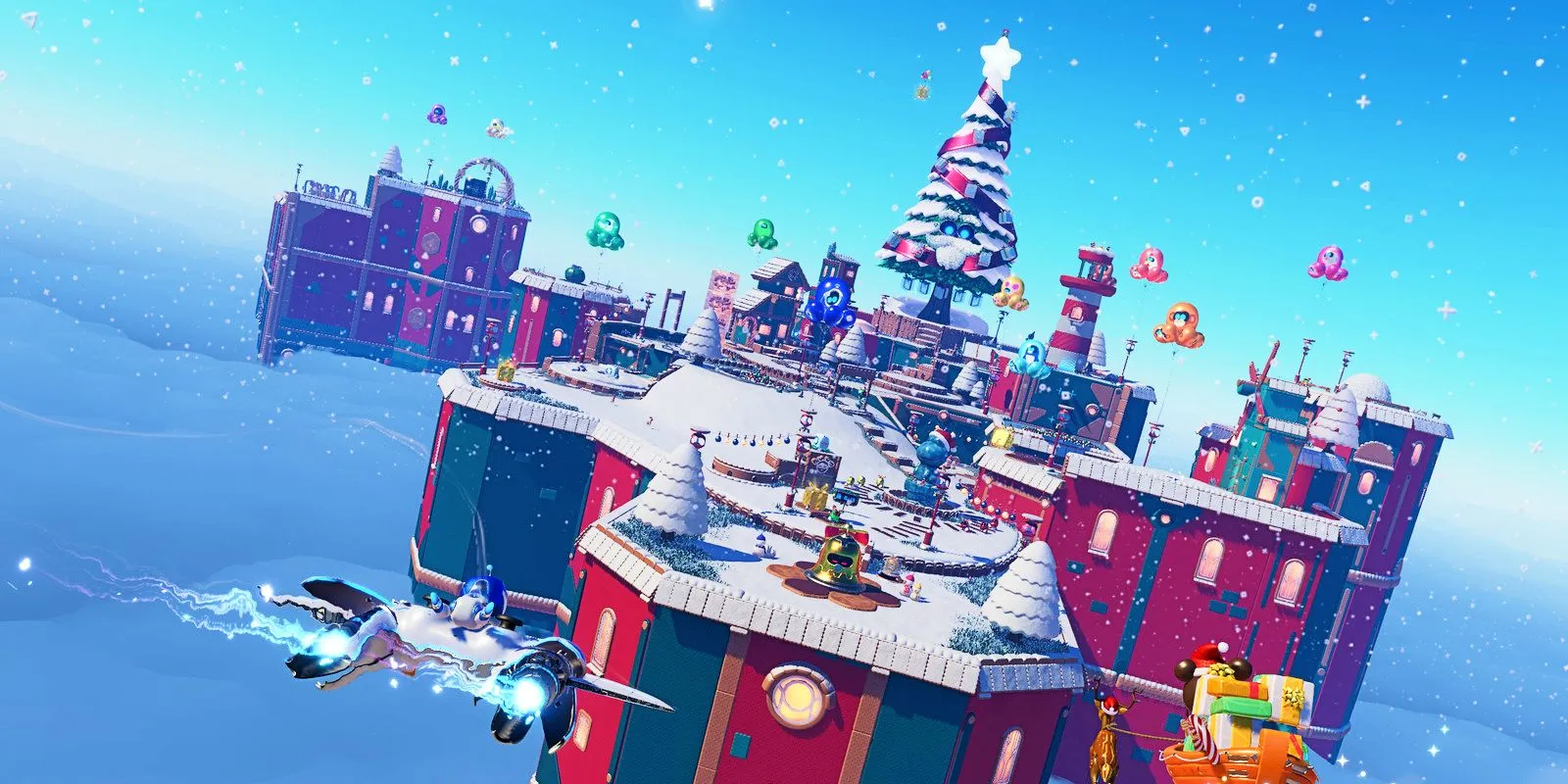 Le nouveau niveau Winter Wonder d'Astro Bot, avec des collines enneigées et un sapin de Noël géant.