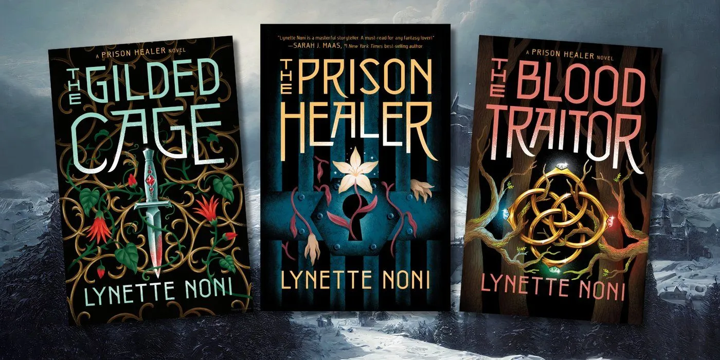 Buchcover „The Prison Healer“, „The Gilded Cage“ und „The Blood Traitor“ vor einem verschneiten Gefängnishintergrund