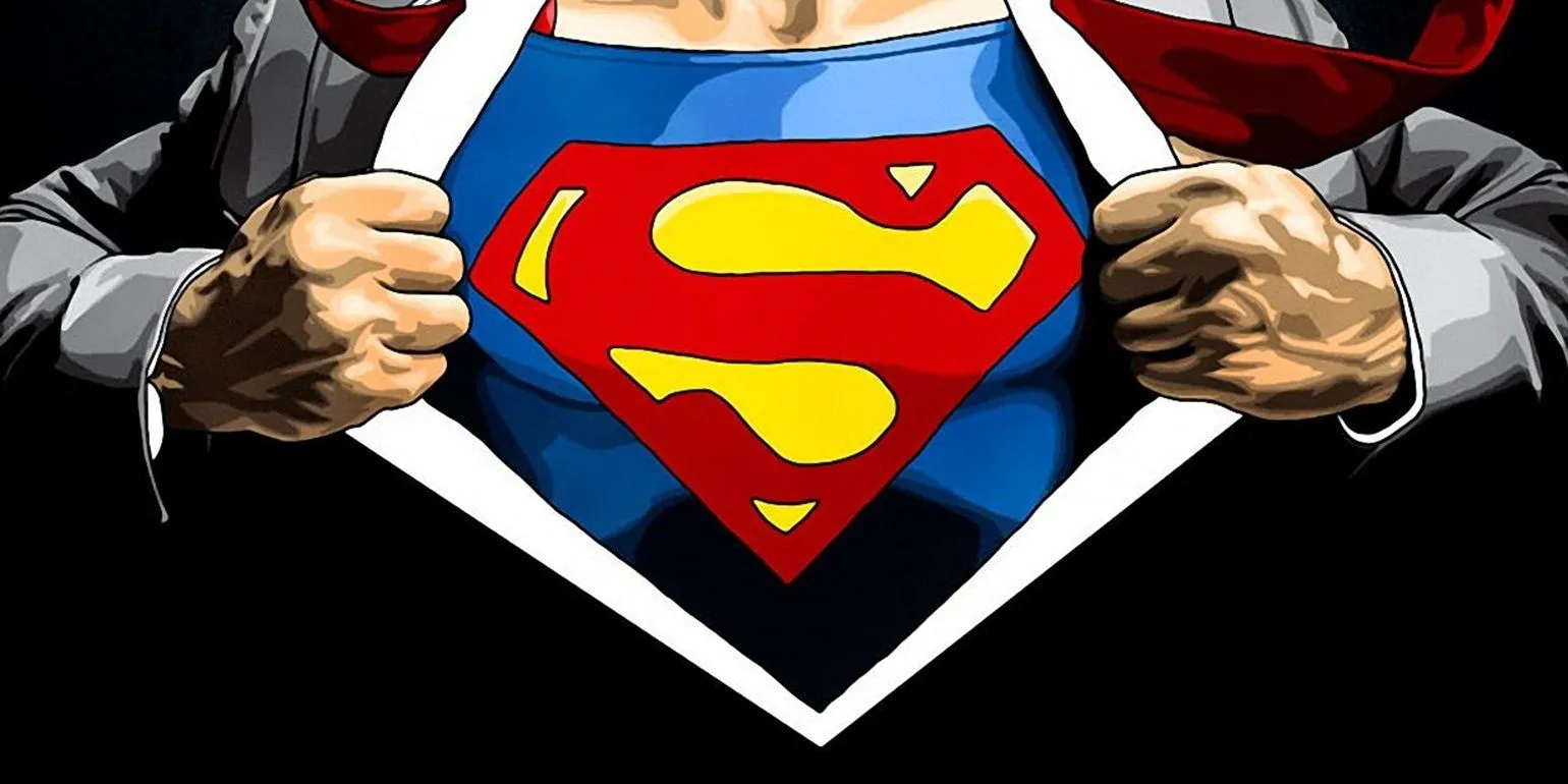 Comic-Illustration von Clark Kent, der sein Superman-Logo enthüllt