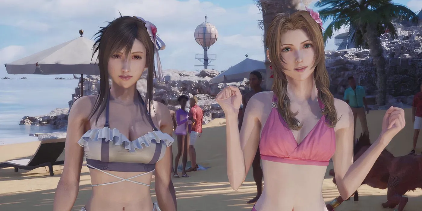 Tifa e Aerith em trajes de banho na Costa Del Sol durante FF7 Rebirth