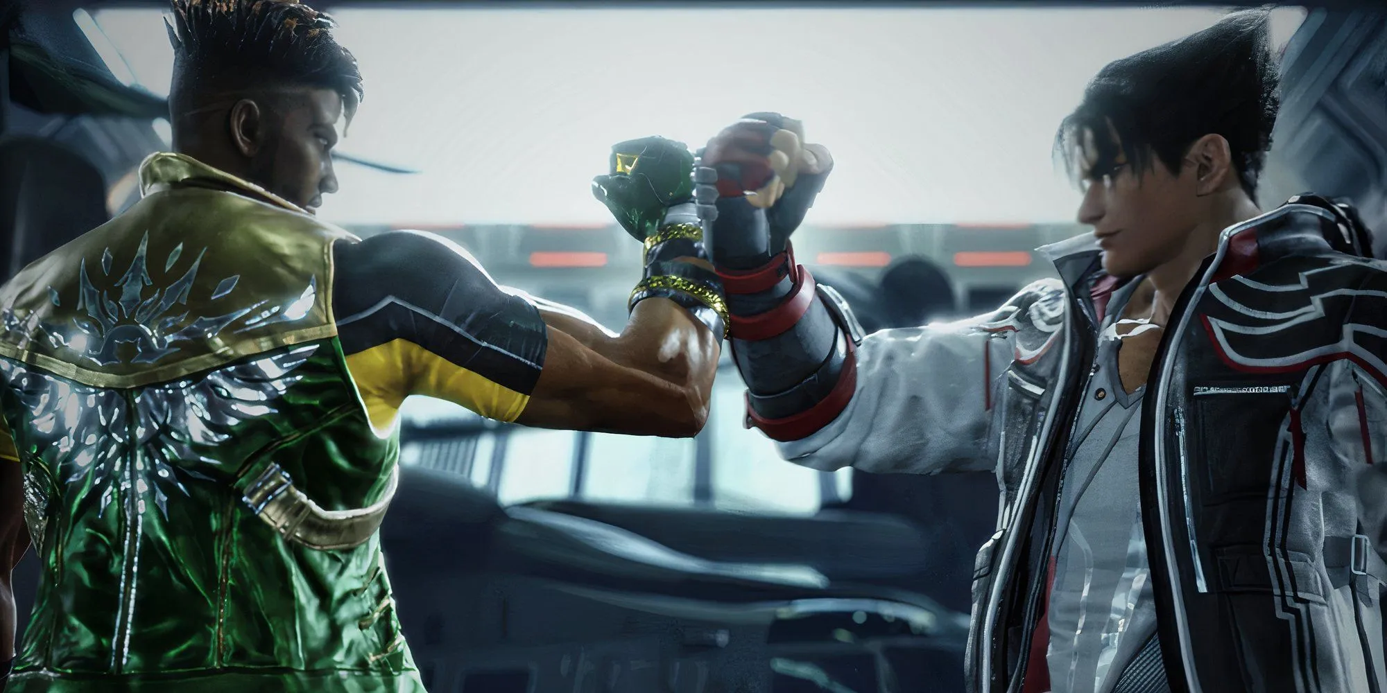 Screenshot of Tekken 8 shows Eddy and Jin bumping arms in a sign of friendship during the Unforgotten Echos DLC story.