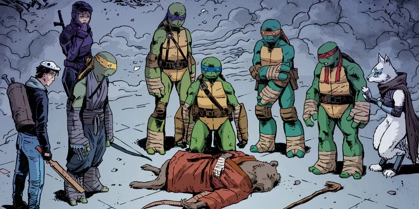 Painel de história em quadrinhos: Corpo morto de Splinter cercado por TMNT e seus aliados