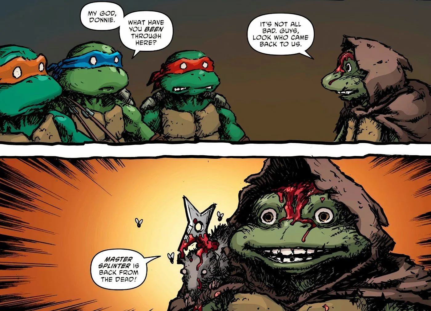 TMNT 4 Donatello diz a seus irmãos que Splinter ainda está vivo em referência a um rato morto em seu ombro