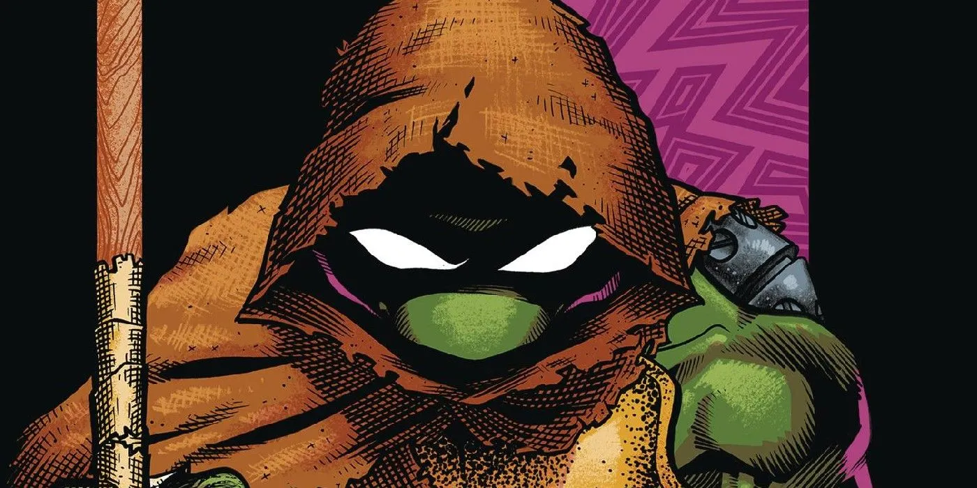 Arte em quadrinhos: Donatello usa uma capa e segura seu cajado enquanto olha severamente para o espectador com olhos brancos.