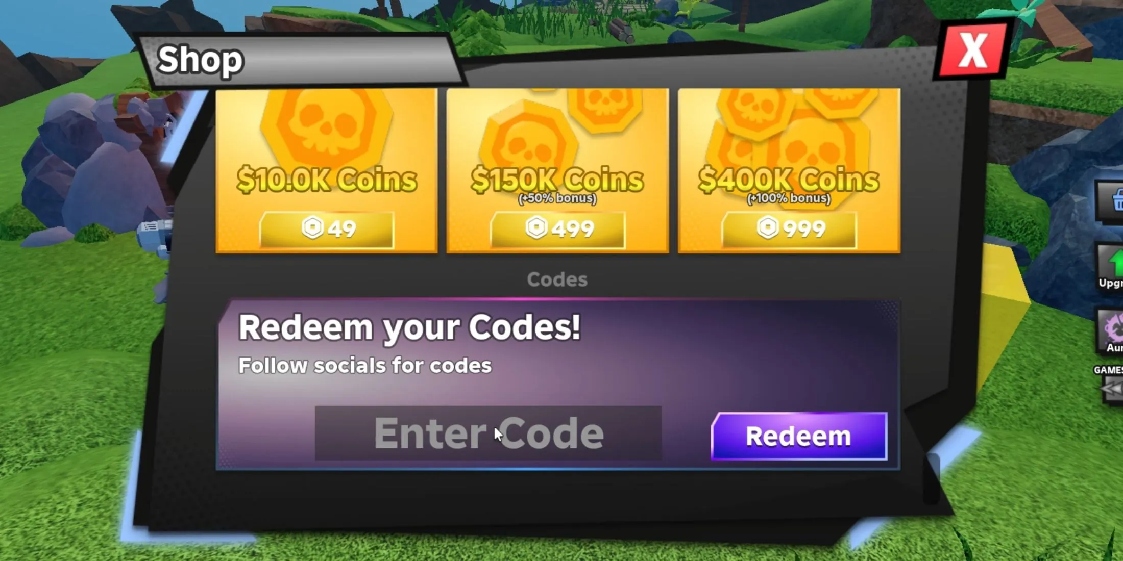 Onglet codes de Tower Defense RNG