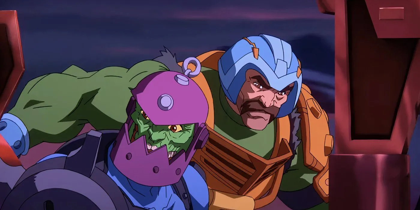 Trap Jaw e Man At Arms in piedi insieme in Masters of the Universe Revelation