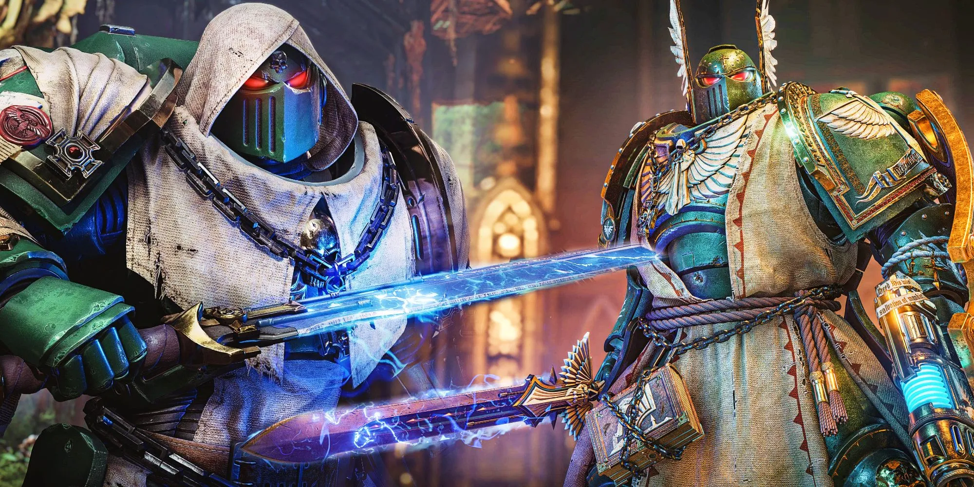 Warhammer 40K characters with glowing blue swords