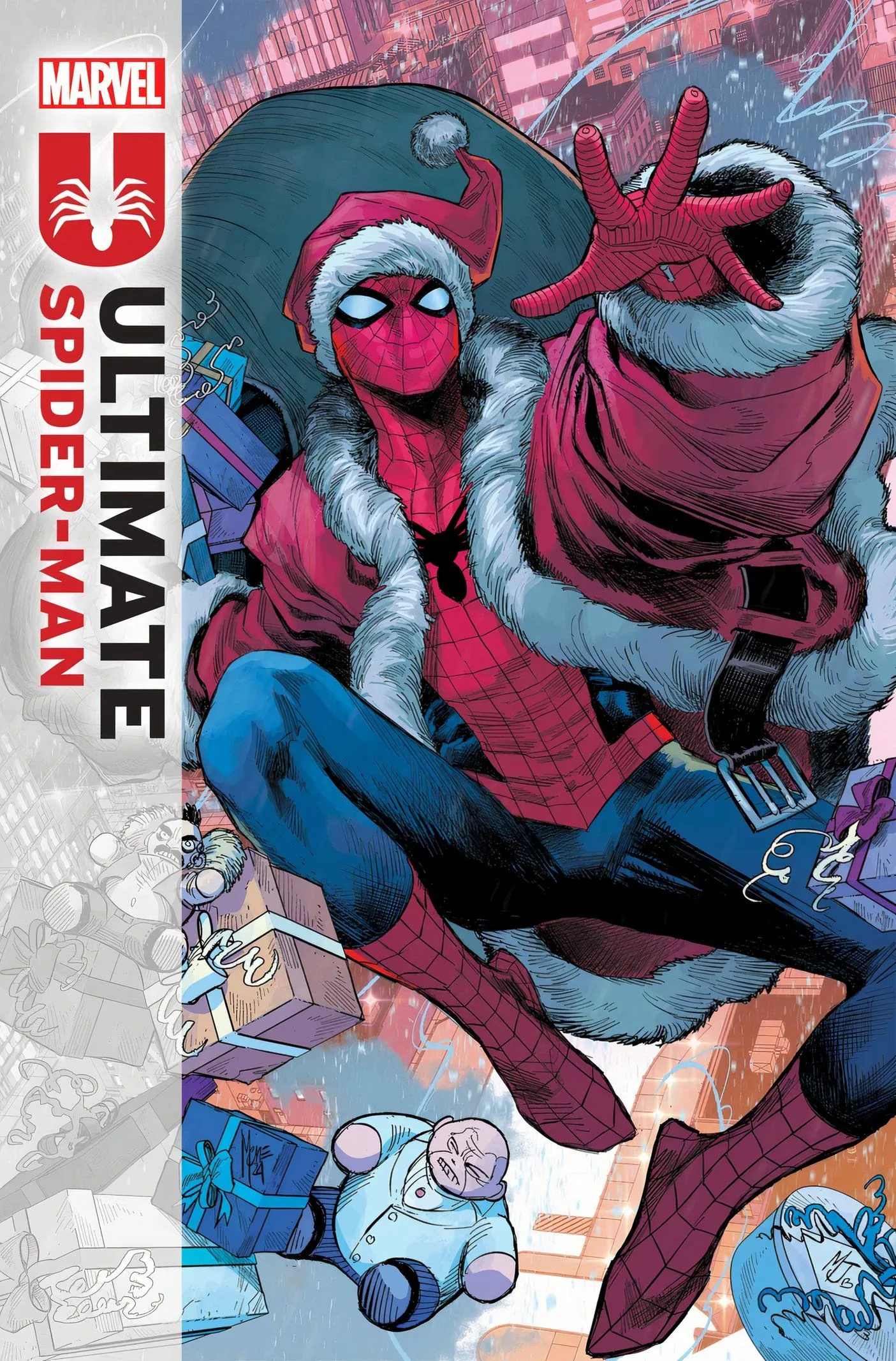 Couverture d'Ultimate Spider-Man #12, mettant en vedette Spidey en tenue de Père Noël avec des cadeaux.