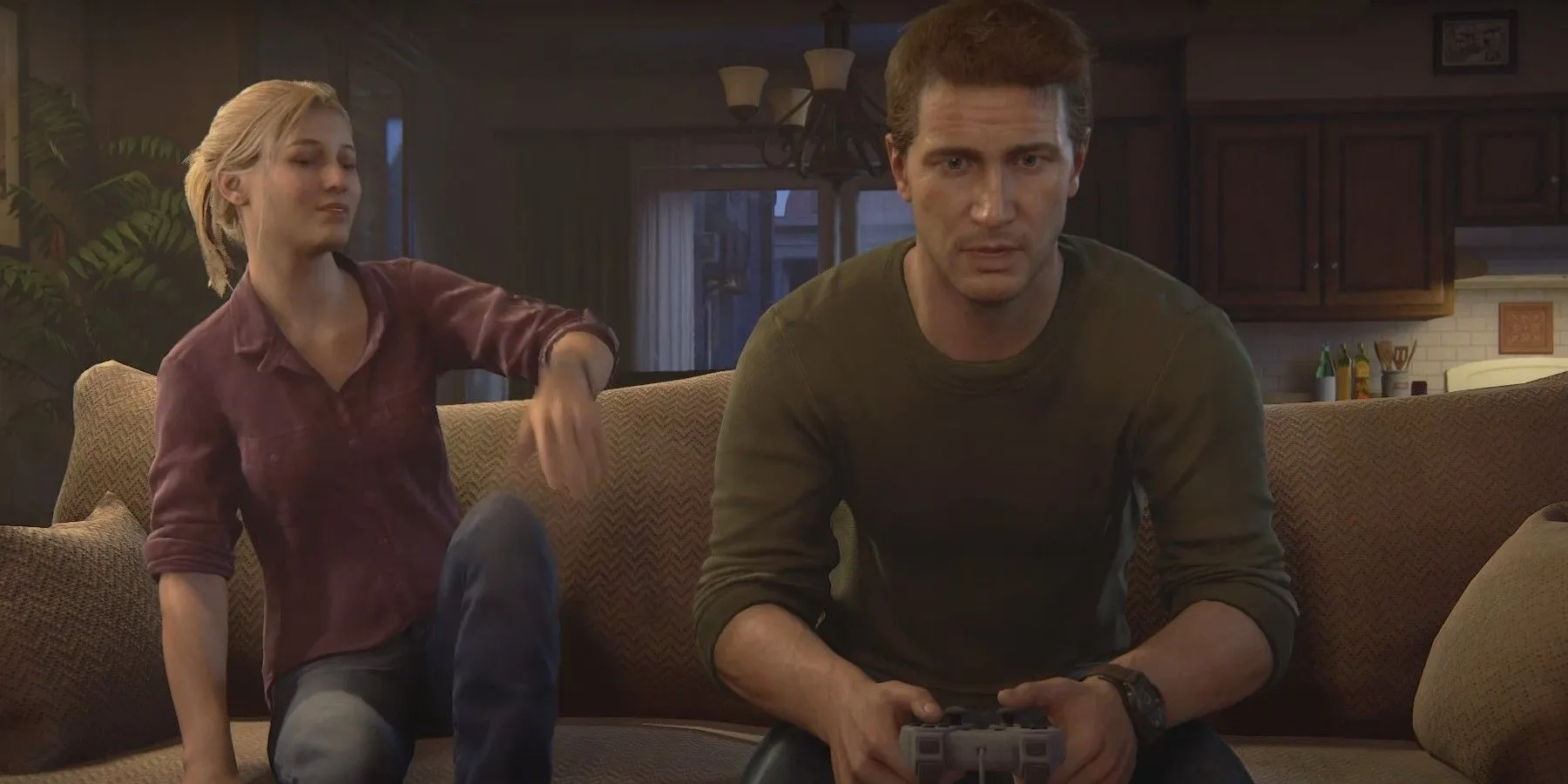 Nathan Drake et Elena jouant à Crash Bandicoot dans Uncharted 4.