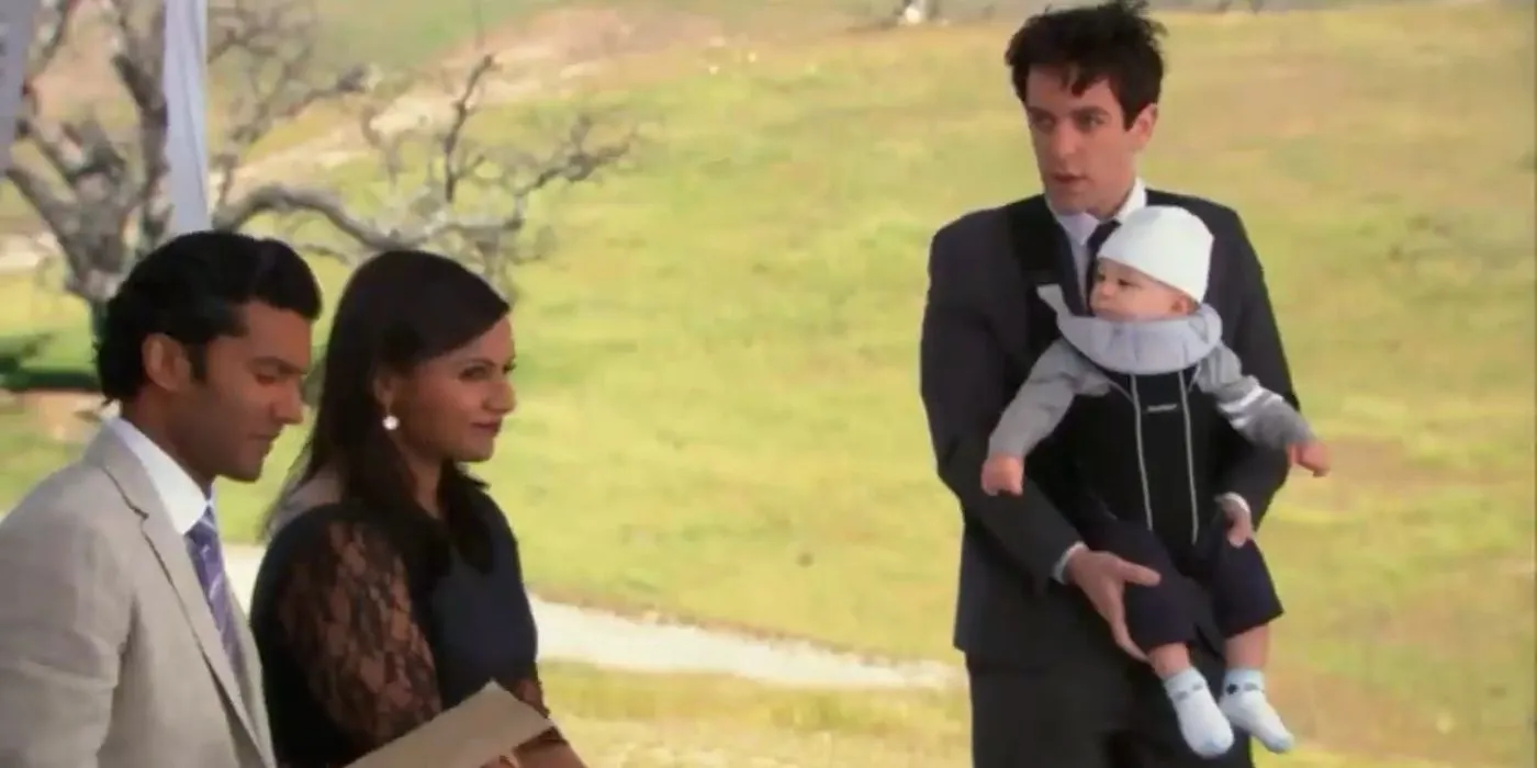 Ryan und sein Baby stoßen im Finale von „The Office“ bei Angelas und Dwights Hochzeit mit Kelly und Ravi zusammen