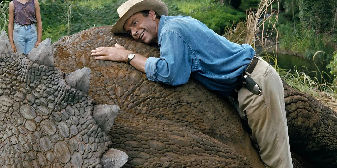 Alan Grant con un Triceratops en Jurassic Park