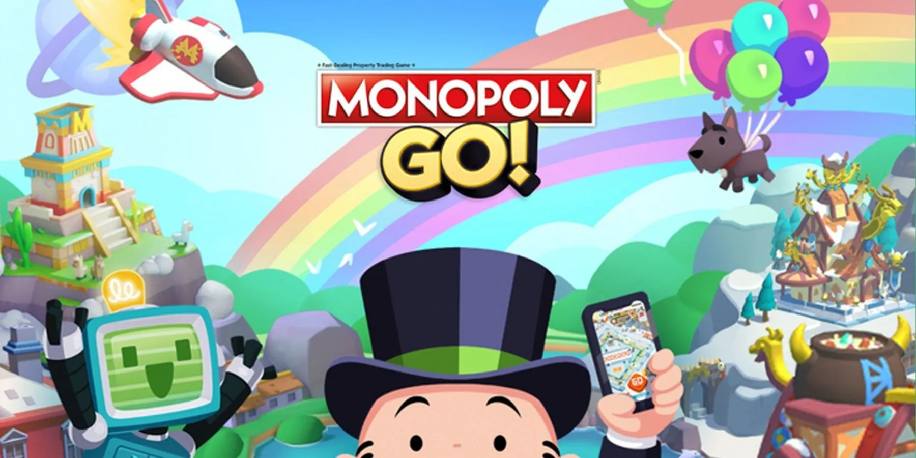 Una imagen de varios personajes de Monopoly GO debajo de un logotipo