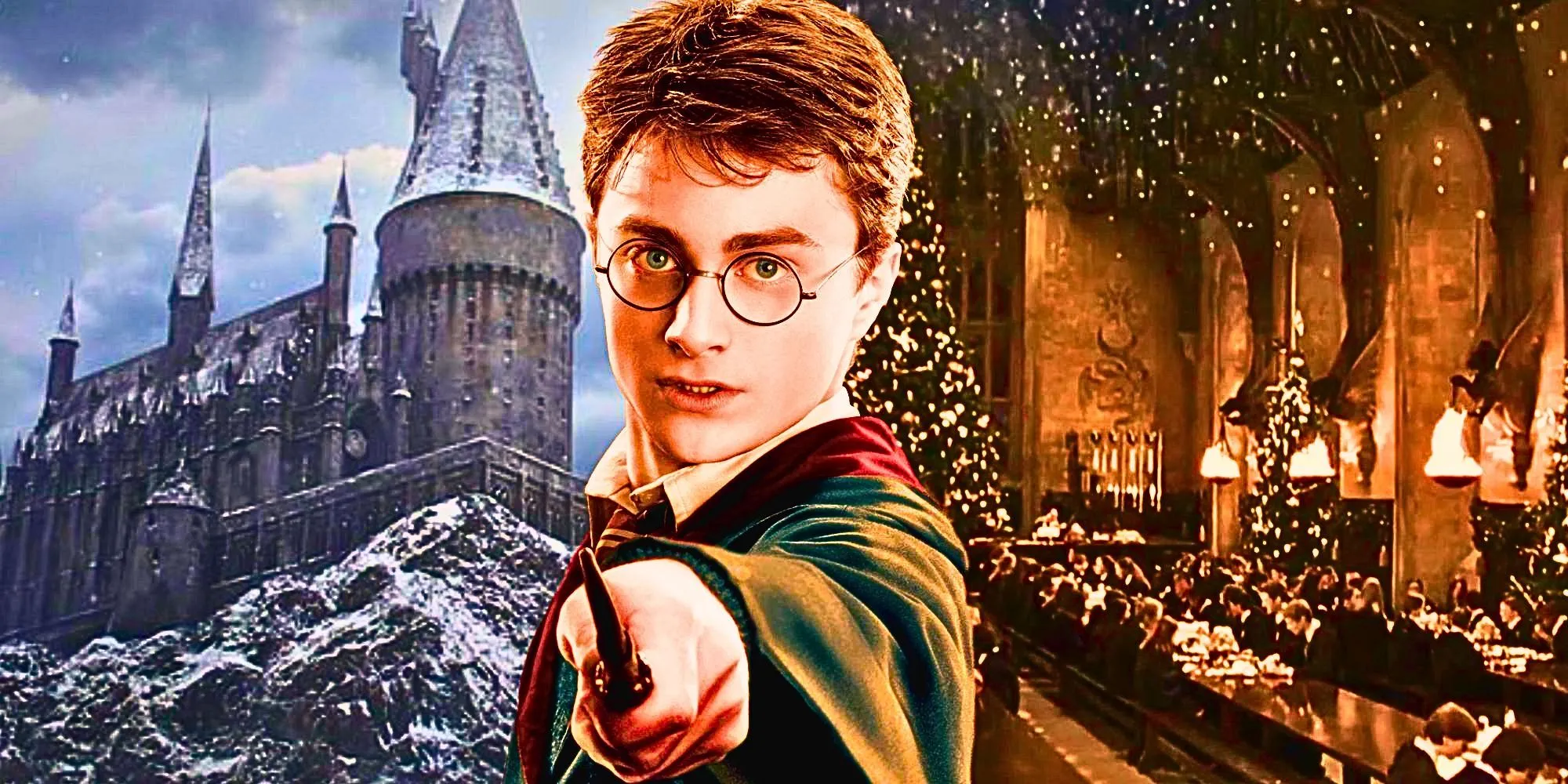 Daniel Radcliffe nei panni di Harry Potter che punta la sua bacchetta verso lo schermo su uno sfondo misto di un castello innevato di Hogwarts e l'interno della Sala Grande a Natale