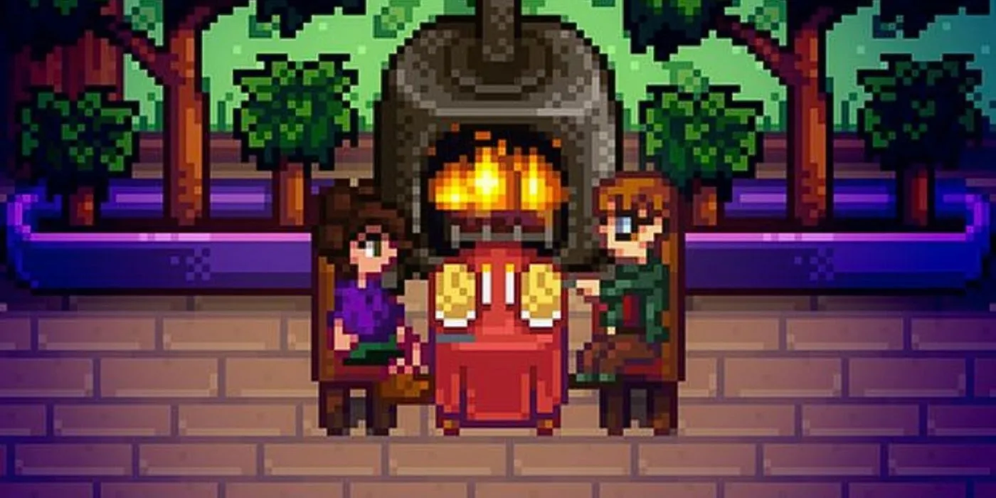 Ein Stardew Valley-Spieler sitzt mit Harvey vor einem Kamin, während sie bei ihrem Date zu Abend essen