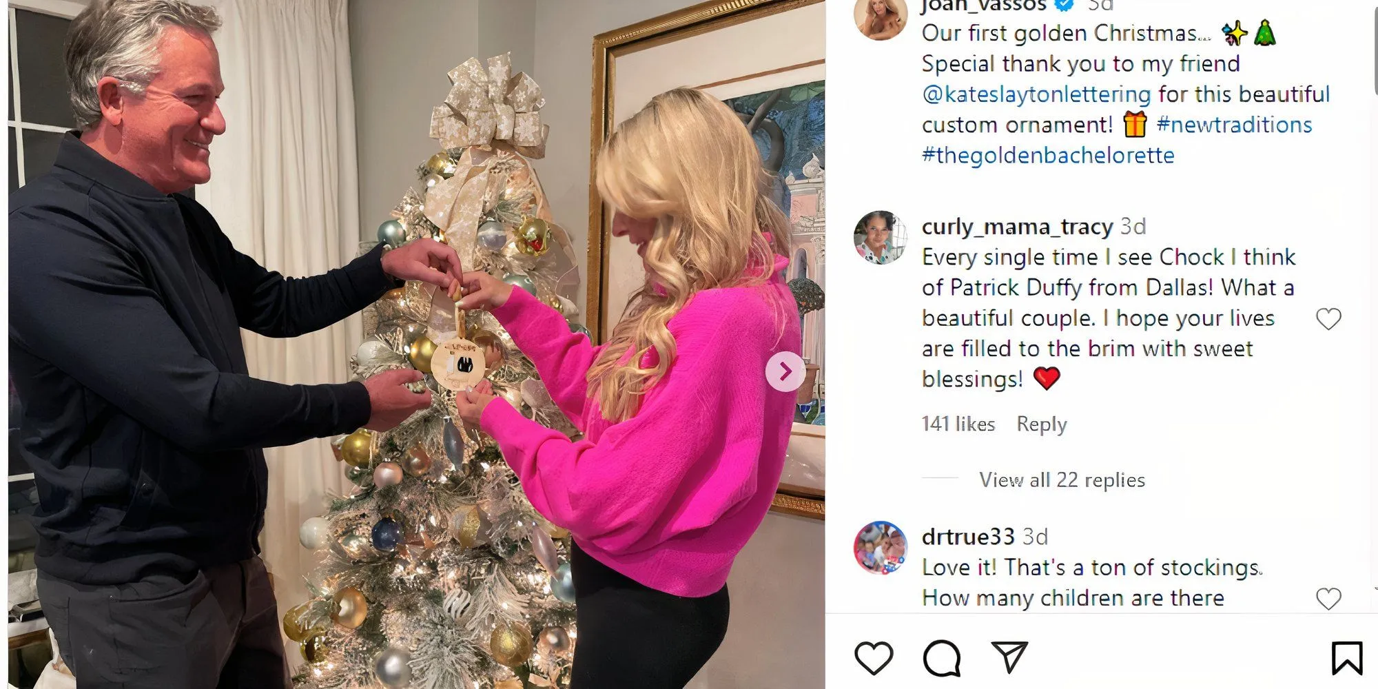 Die Goldene Bachelorette Joan Vassos und Chock Chapple schmücken gemeinsam einen weißen Weihnachtsbaum