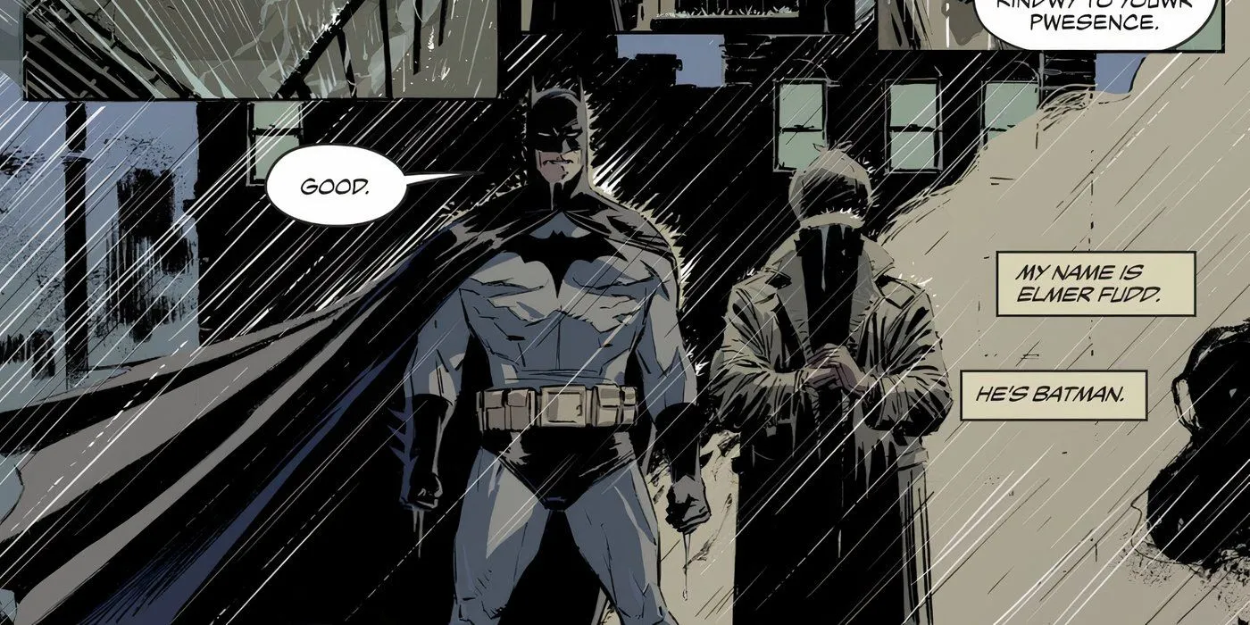 Painel de história em quadrinhos: Batman e Elmer Fudd na chuva